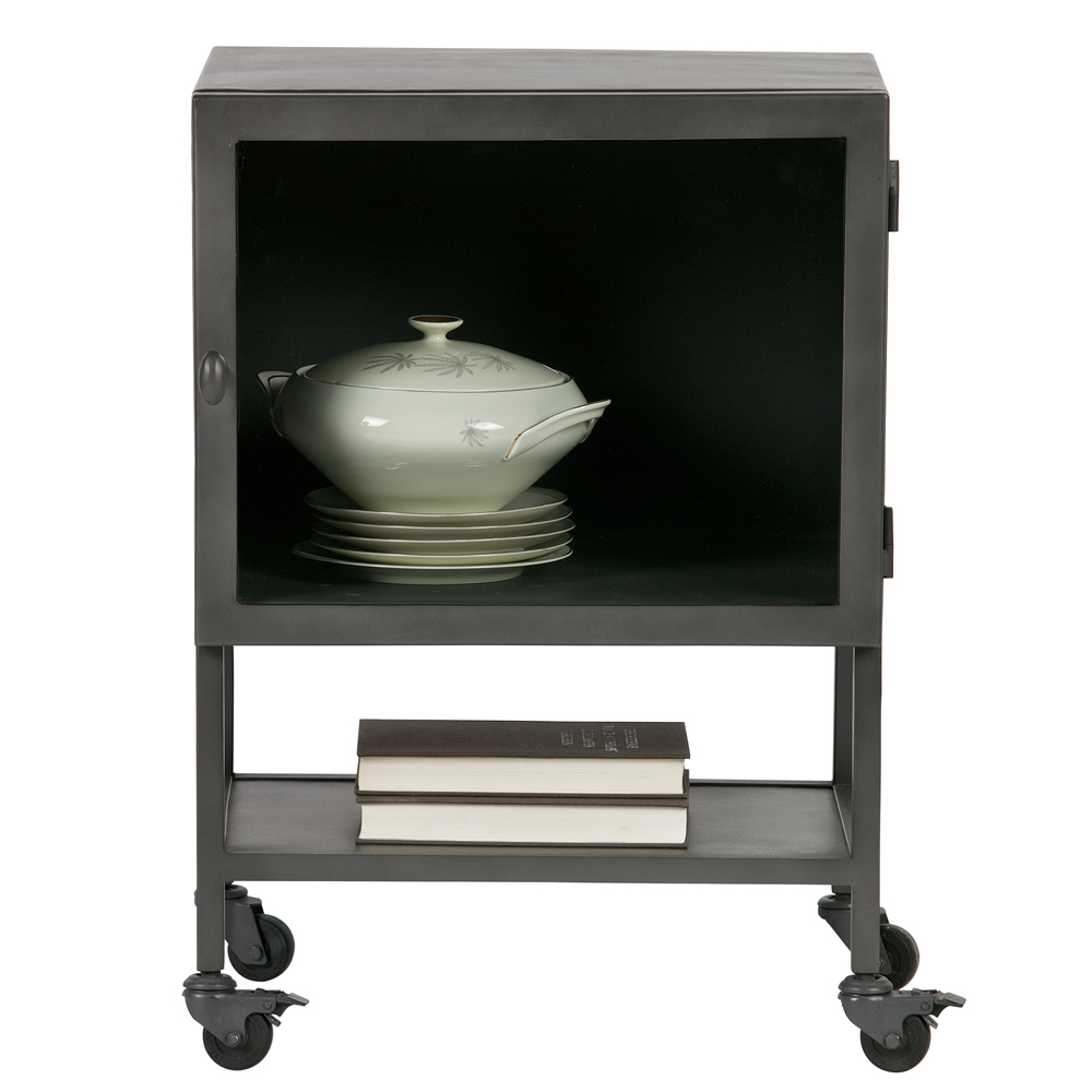 Vitrine auf Rollen BESPOKE Metall mit Glastür Vintage grau