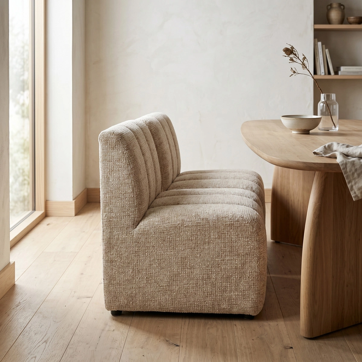 Sitzelement VENTO in Beige Chenille – modernes modulares Design mit organischer Form und Rückenlehne