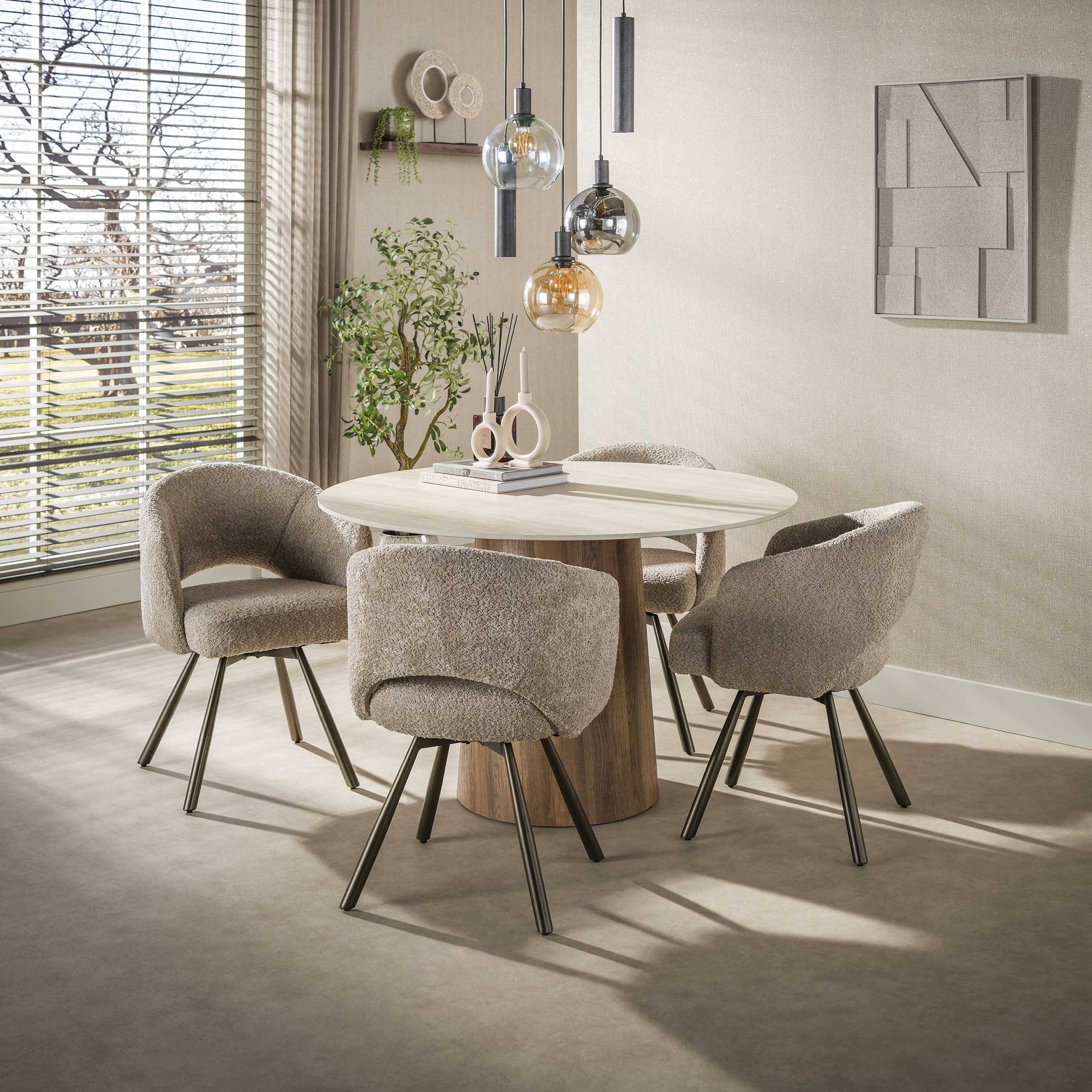 Esstisch VERONA rund 120 cm Keramikplatte Travertinoptik