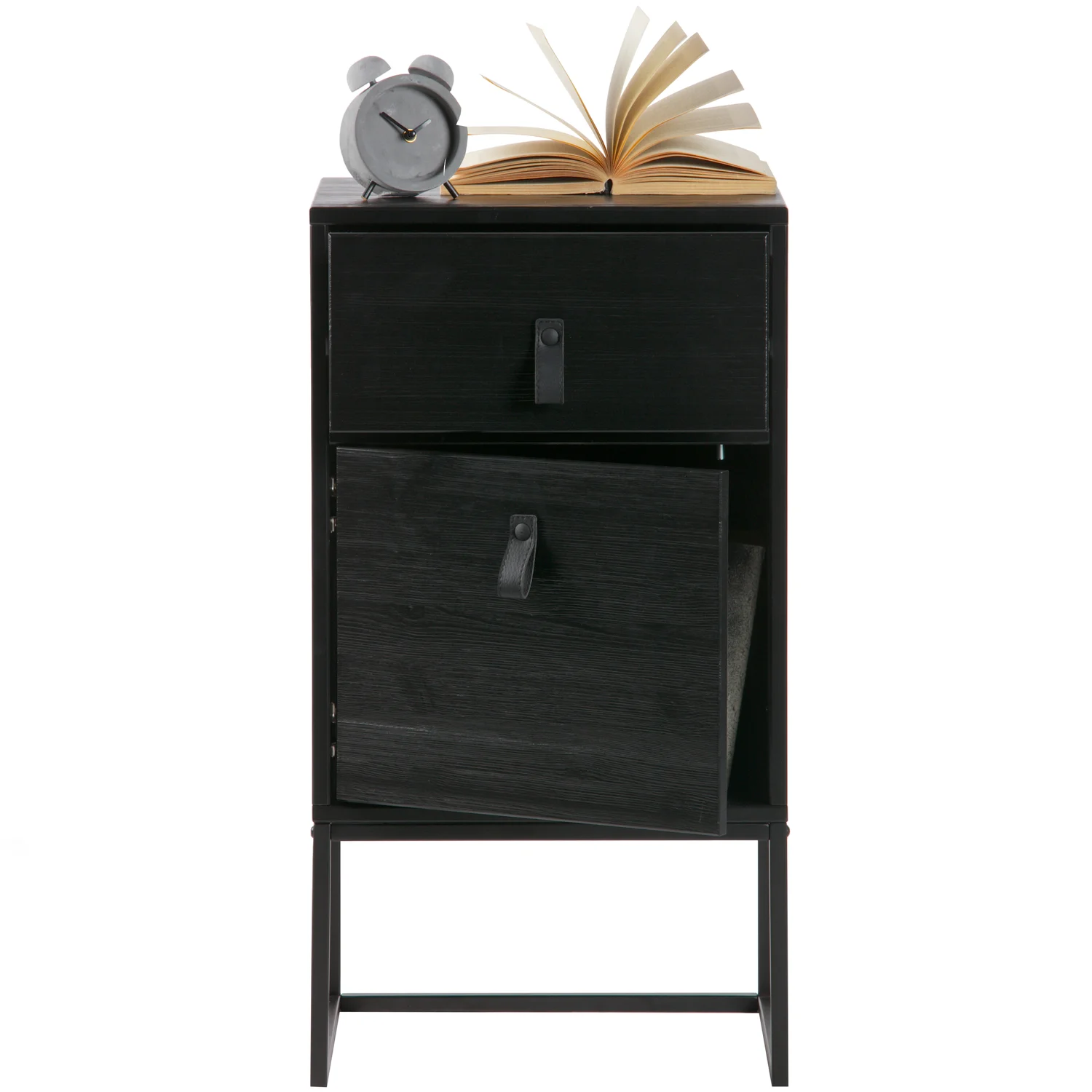 Nachtschränkchen ZOLA H 74 cm mit Schublade und Tür  Metall Kiefernholz schwarz