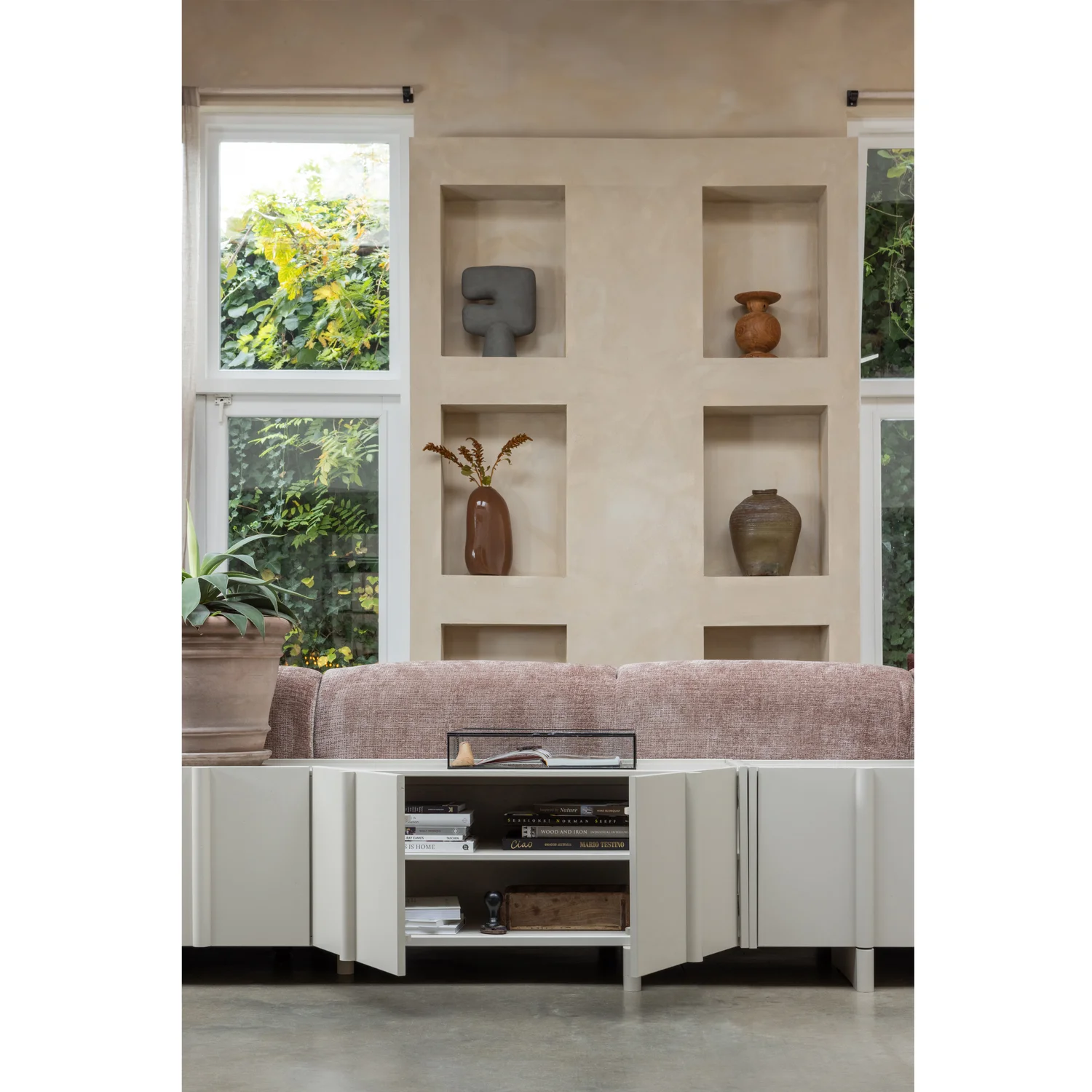 TV Möbel Lowboard BASU 200 cm Kiefernholz staubgrau