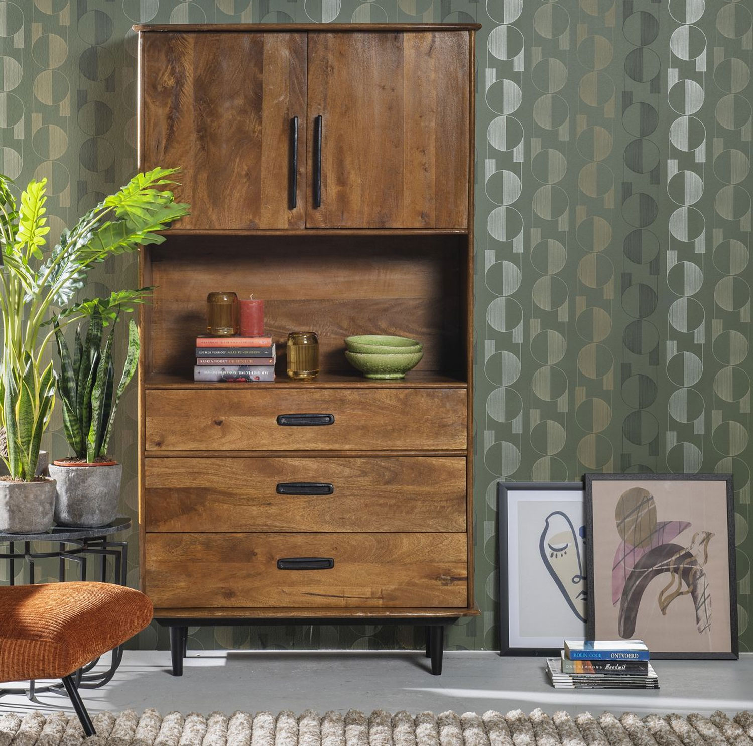 60er Jahre Schrank H 180 cm Bücherschrank Mango Massivholz