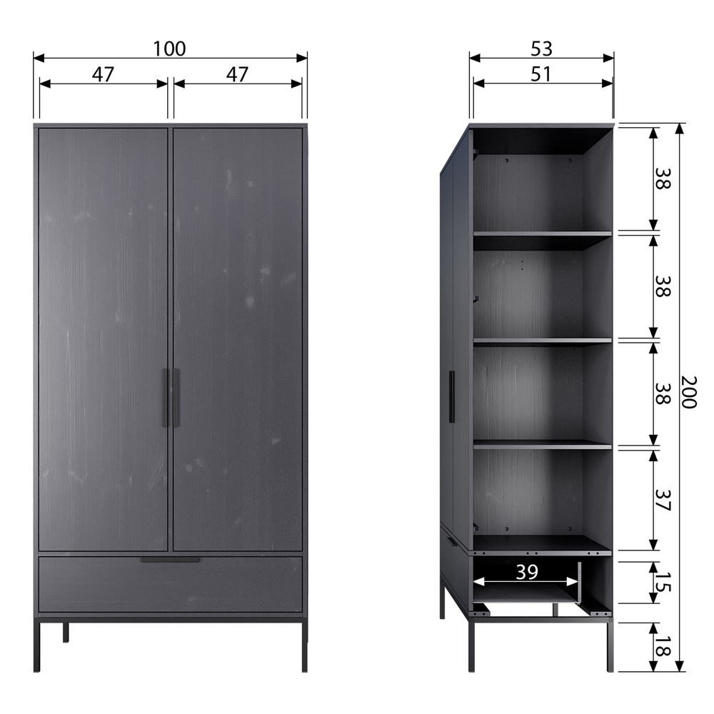 woood Schrank Kleiderschrank Adam grau 100 cm Kiefer