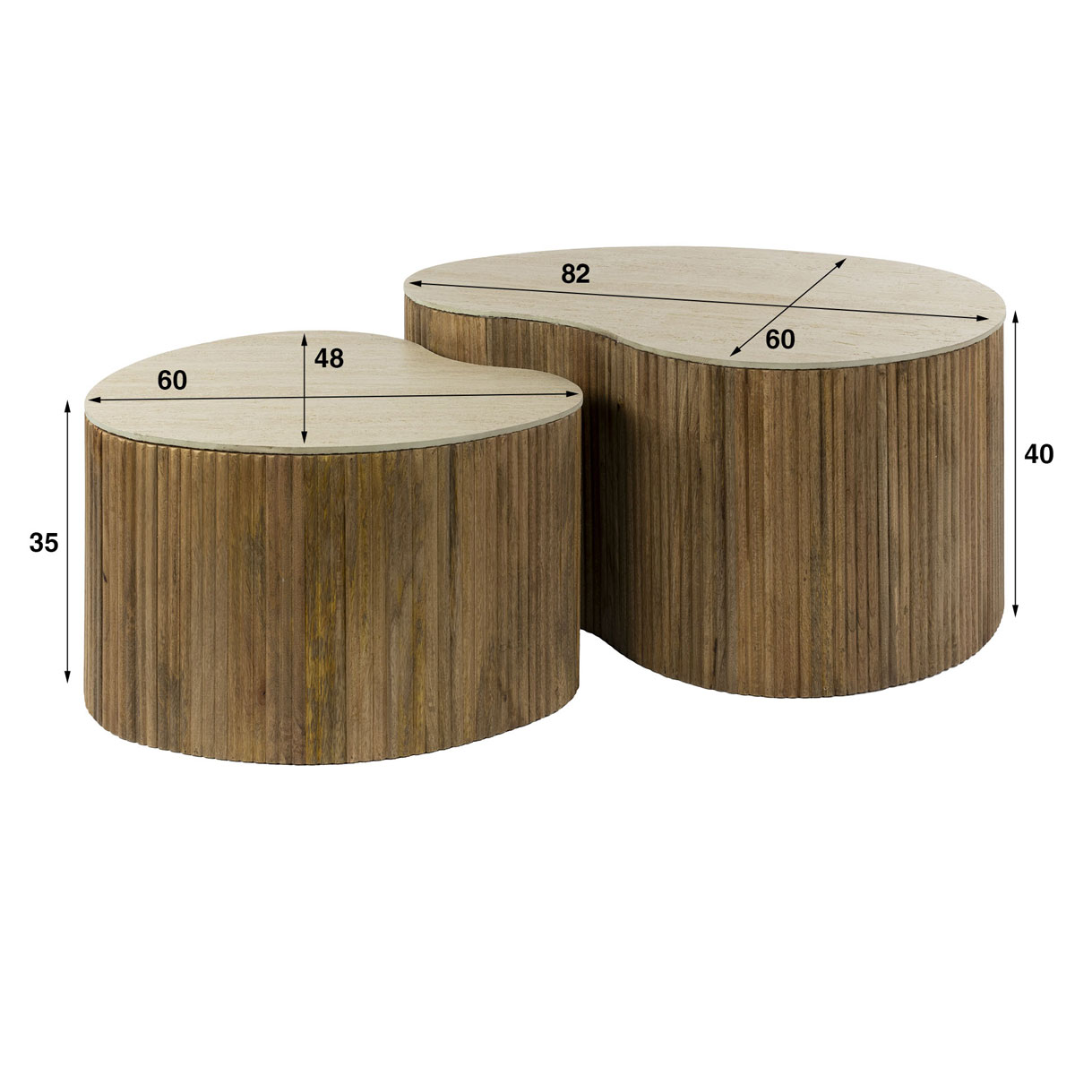 2er Set Couchtisch FLUVIO II organisch Keramik Travertinoptik Mangoholz sandfarben
