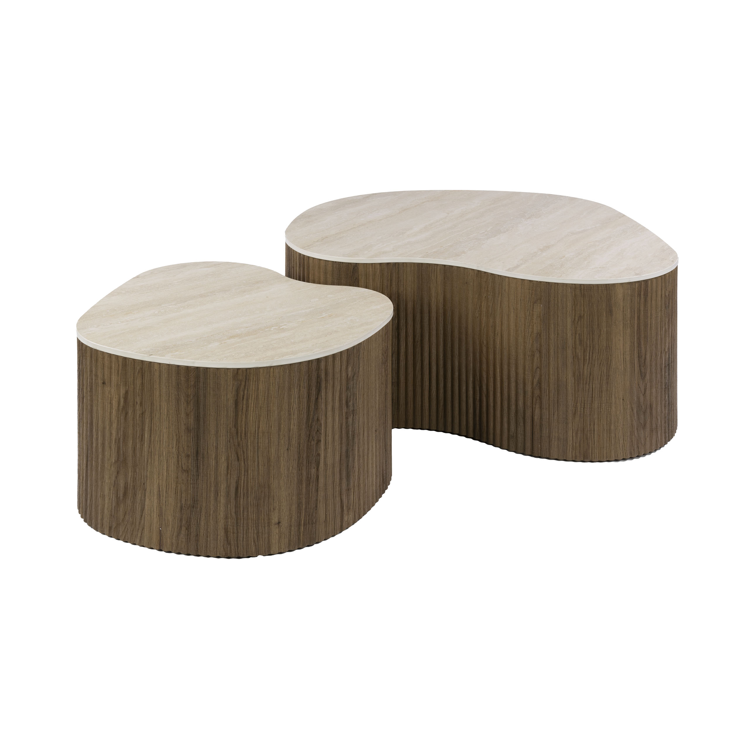 2 er Set Couchtisch JONO organisch 3D-Keramik Travertin-Optik