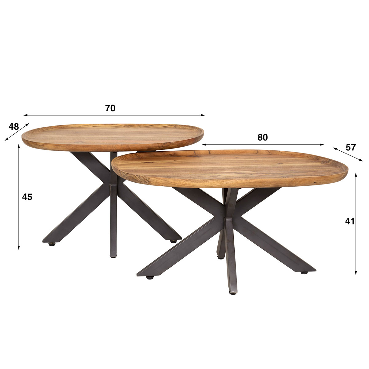 2er Set Couchtisch Tablo Akazie Massivholz Metall Tischset