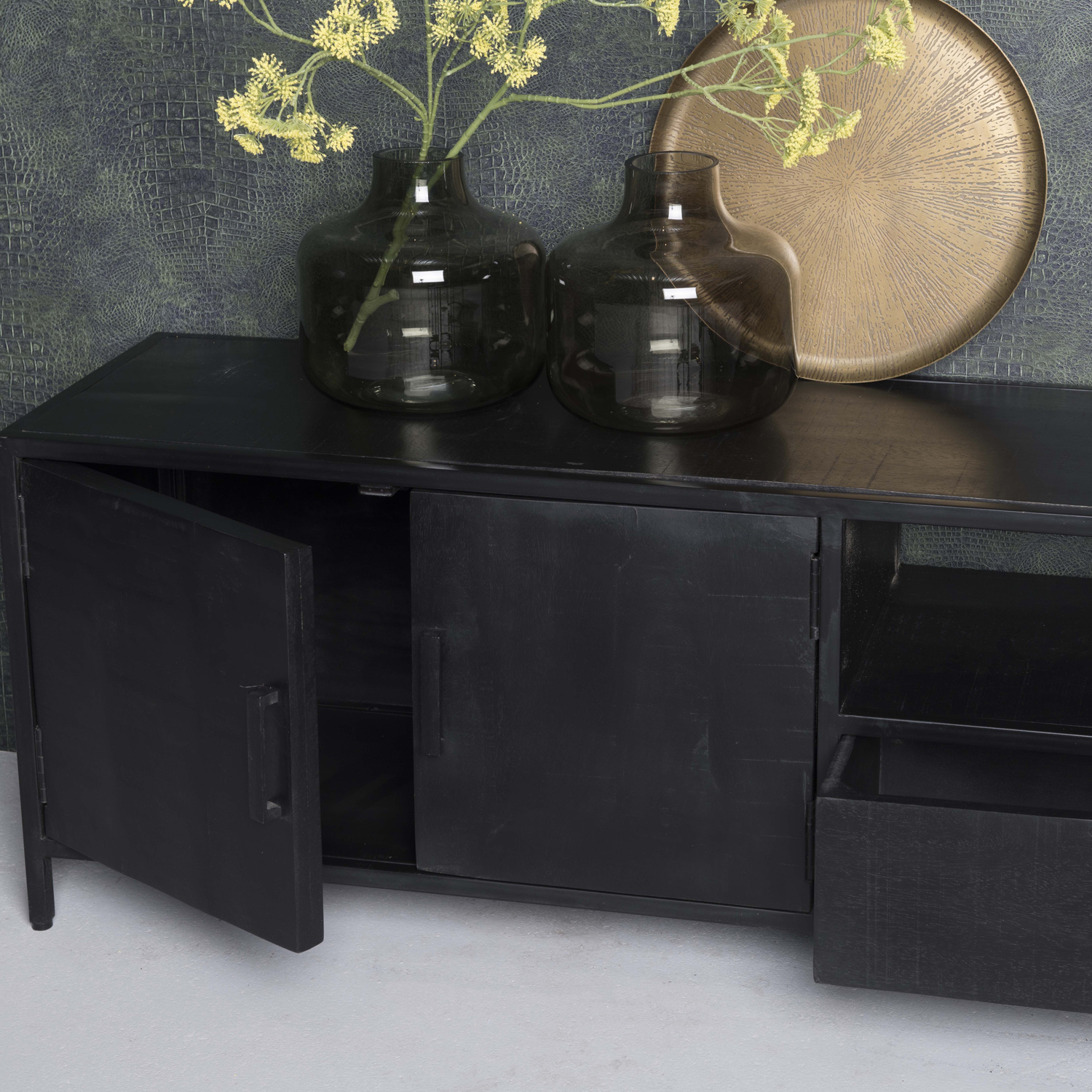 TV Möbel Kala B 220 cm Lowboard Mangoholz schwarz