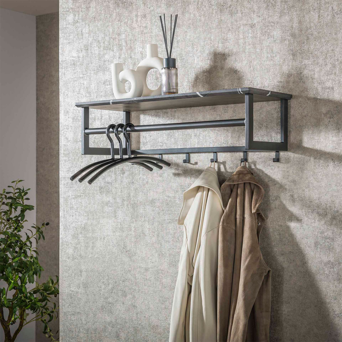 Wandgarderobe B 80 cm 6 Haken Metall 3D Schwarz braun Garderobe Hängegarderobe