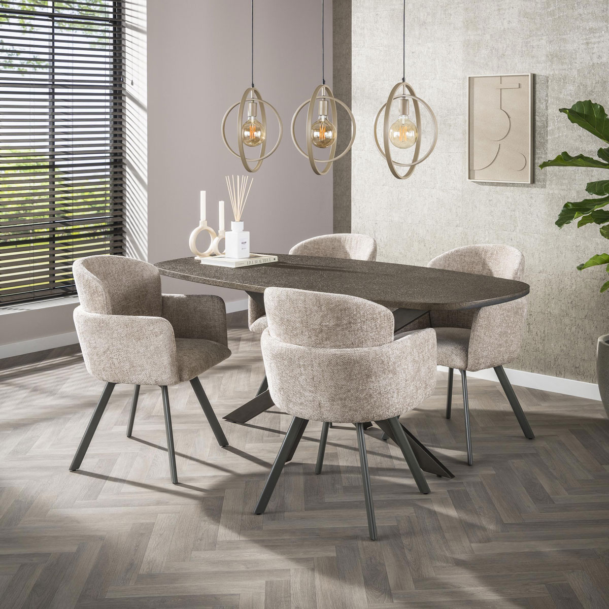 2er Set Armlehnstuhl GRACIA drehbar Chenille Stoff sandfarben