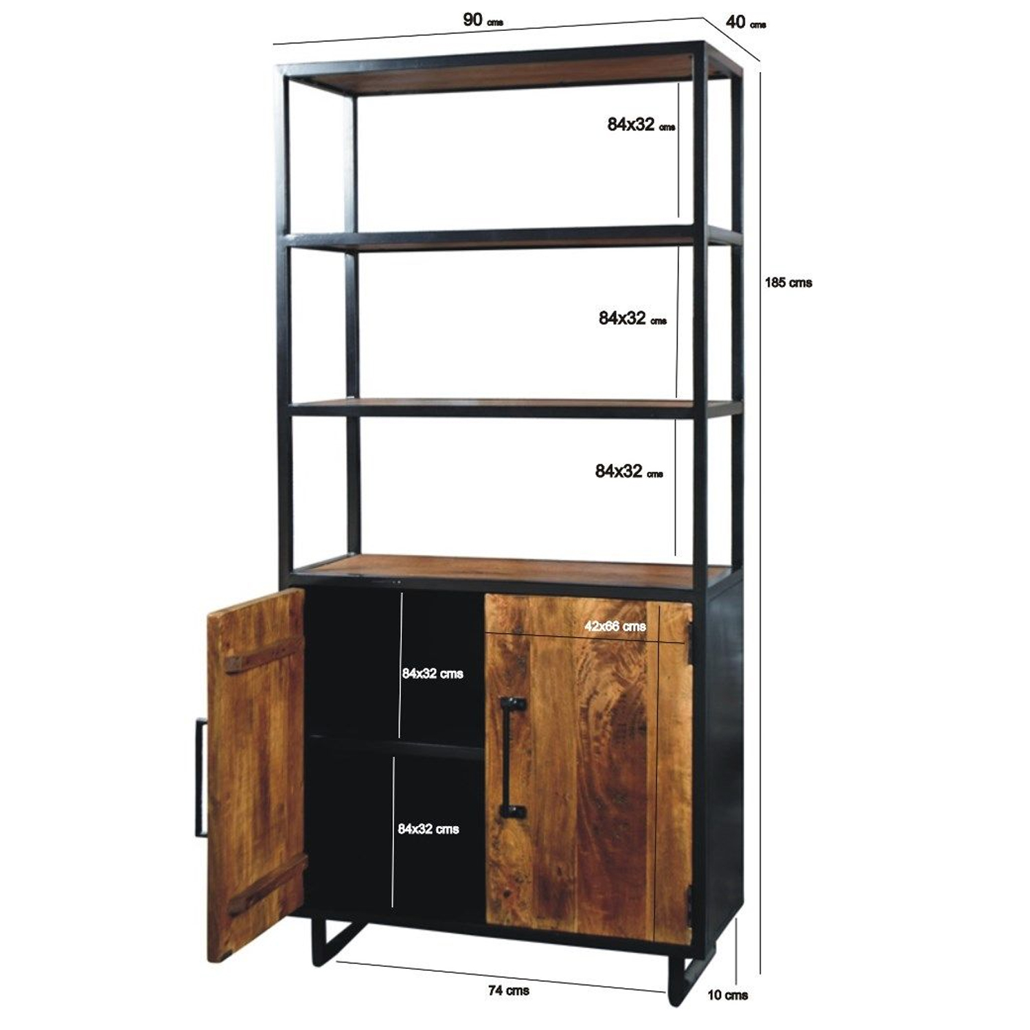Schrank Bücherregal Colorado 90 cm Mango Massivholz Metall schwarz