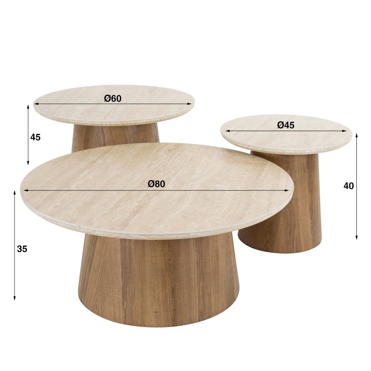 3´er Set Couchtisch VENEZIA rund Keramik Travertin Optik beige