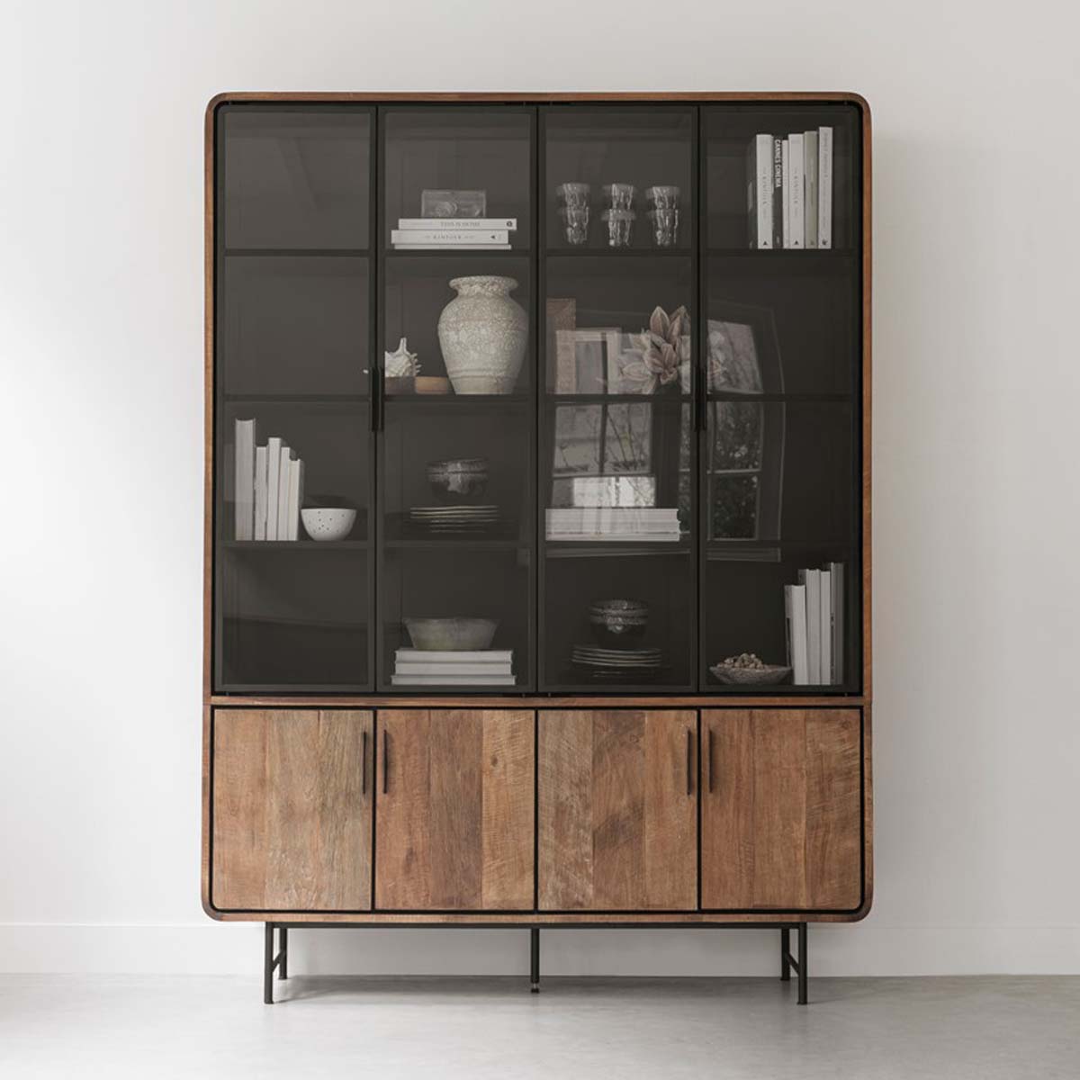 Vitrine Vitrinenschrank Evo H 220 cm recyceltes Teakholz Metall