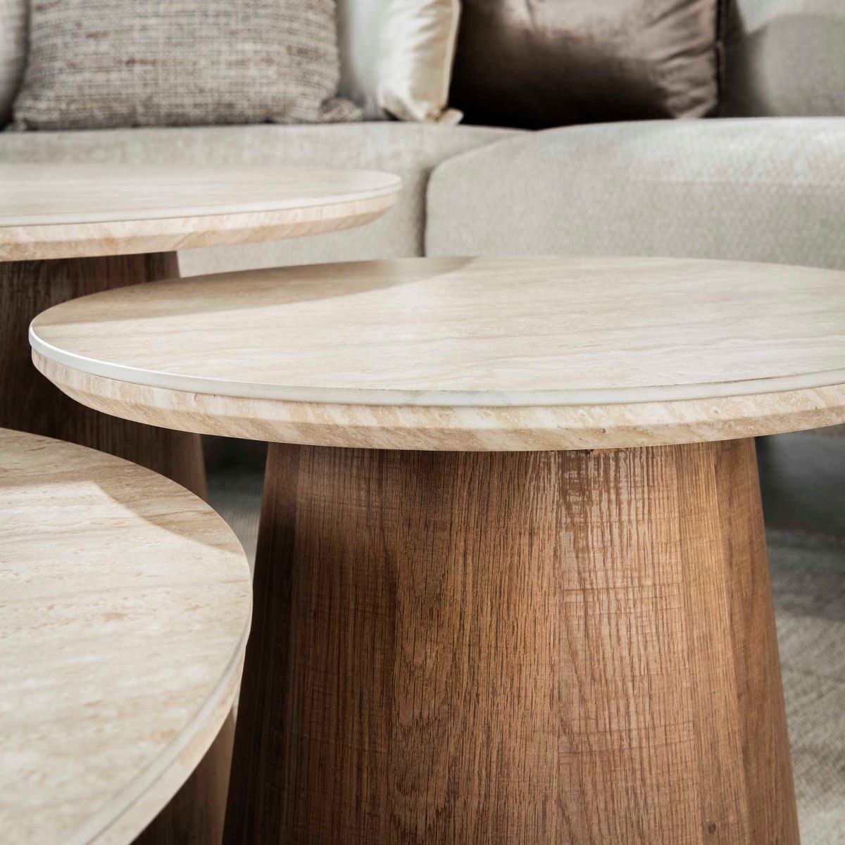 3´er Set Couchtisch VENEZIA rund Keramik Travertin Optik beige