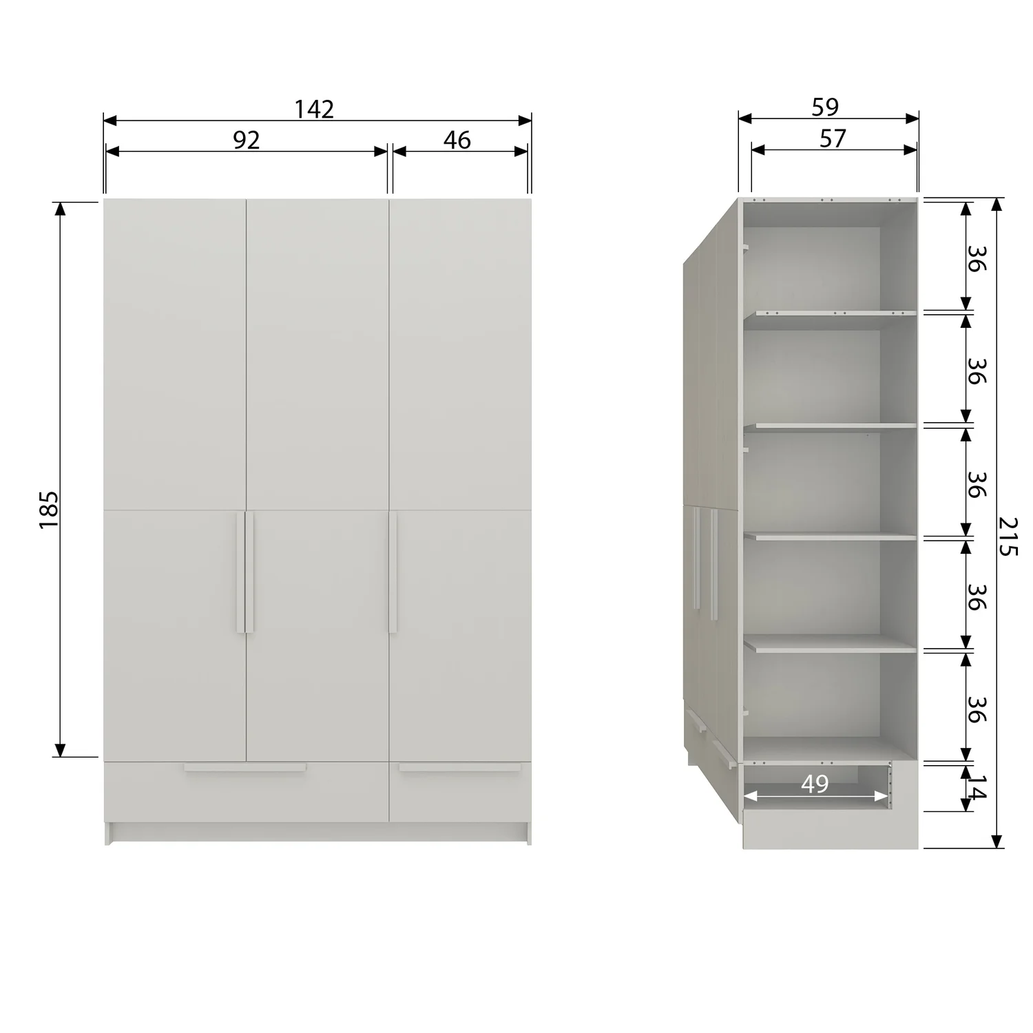 Kleiderschrank PURE B 142 cm 3-türig Kiefernholz staubgrau