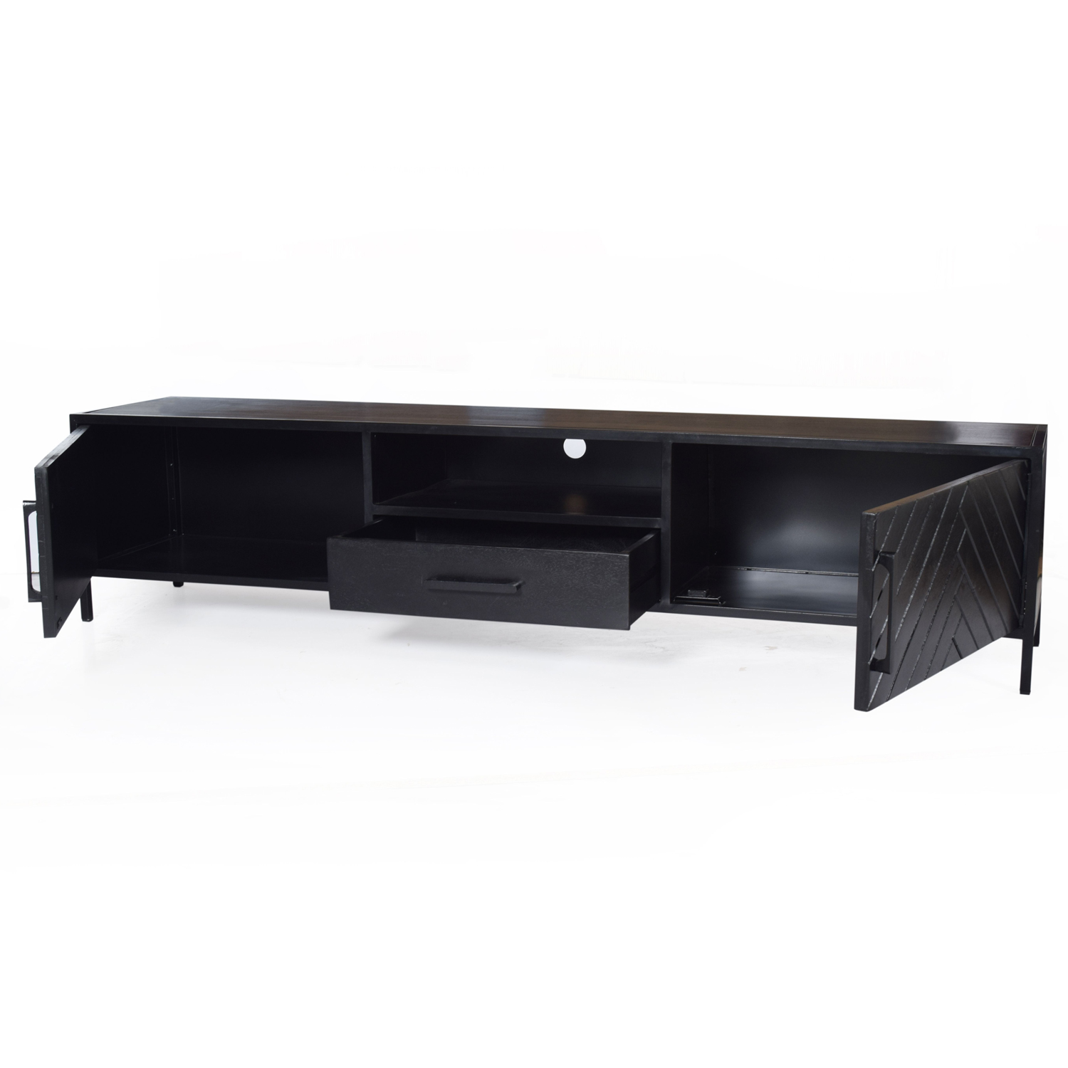 TV Lowboard Möbel York 200 cm Mangoholz Fischgräte schwarz