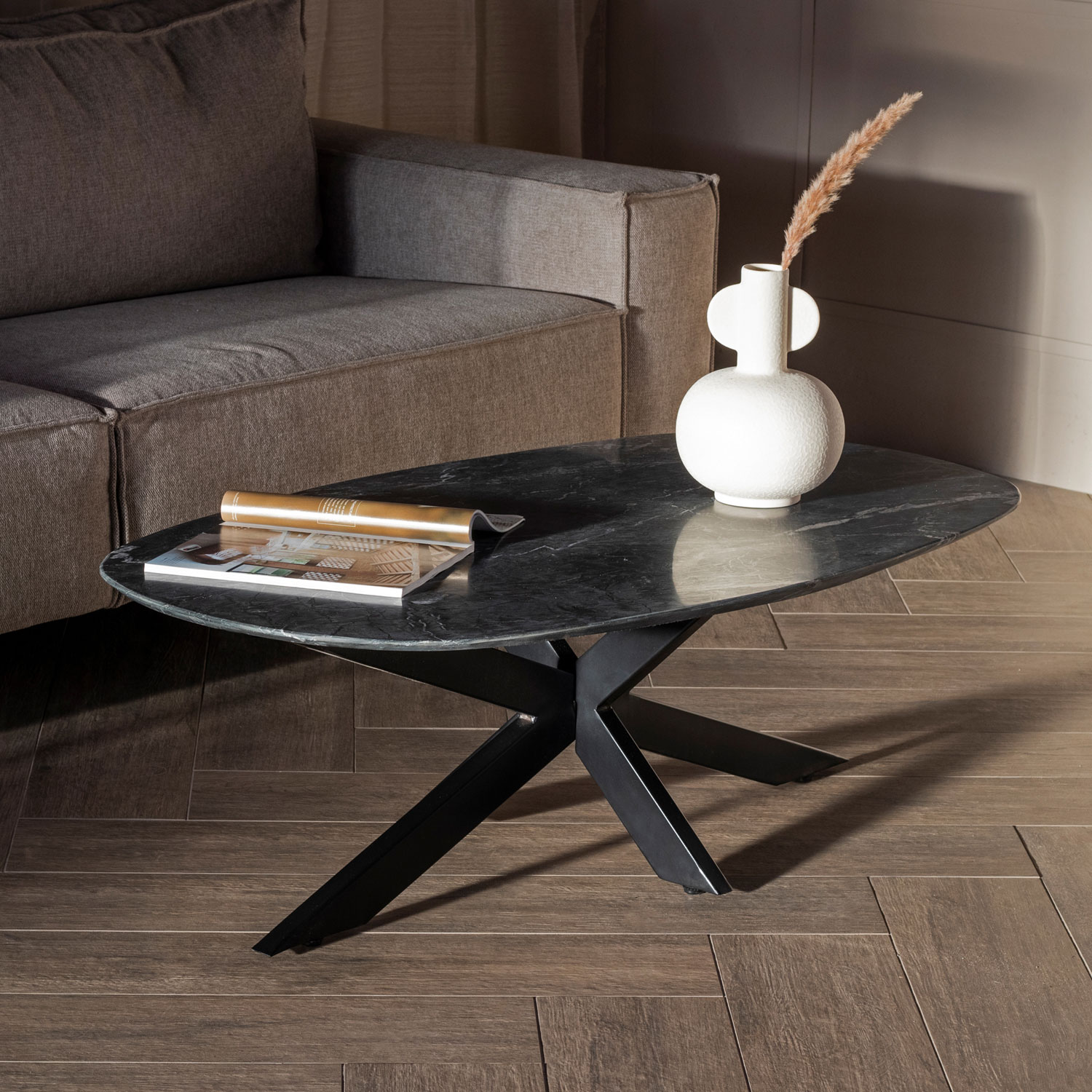 Couchtisch BEN oval 120 x 70 cm Marmor schwarz