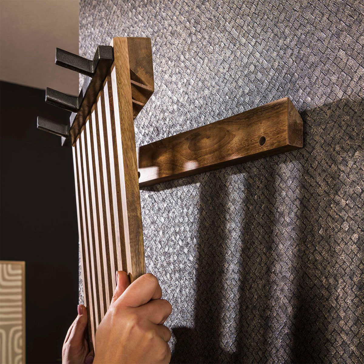Wandgarderobe Strong H 100 cm 2x3 Haken Mango Massivholz Metall