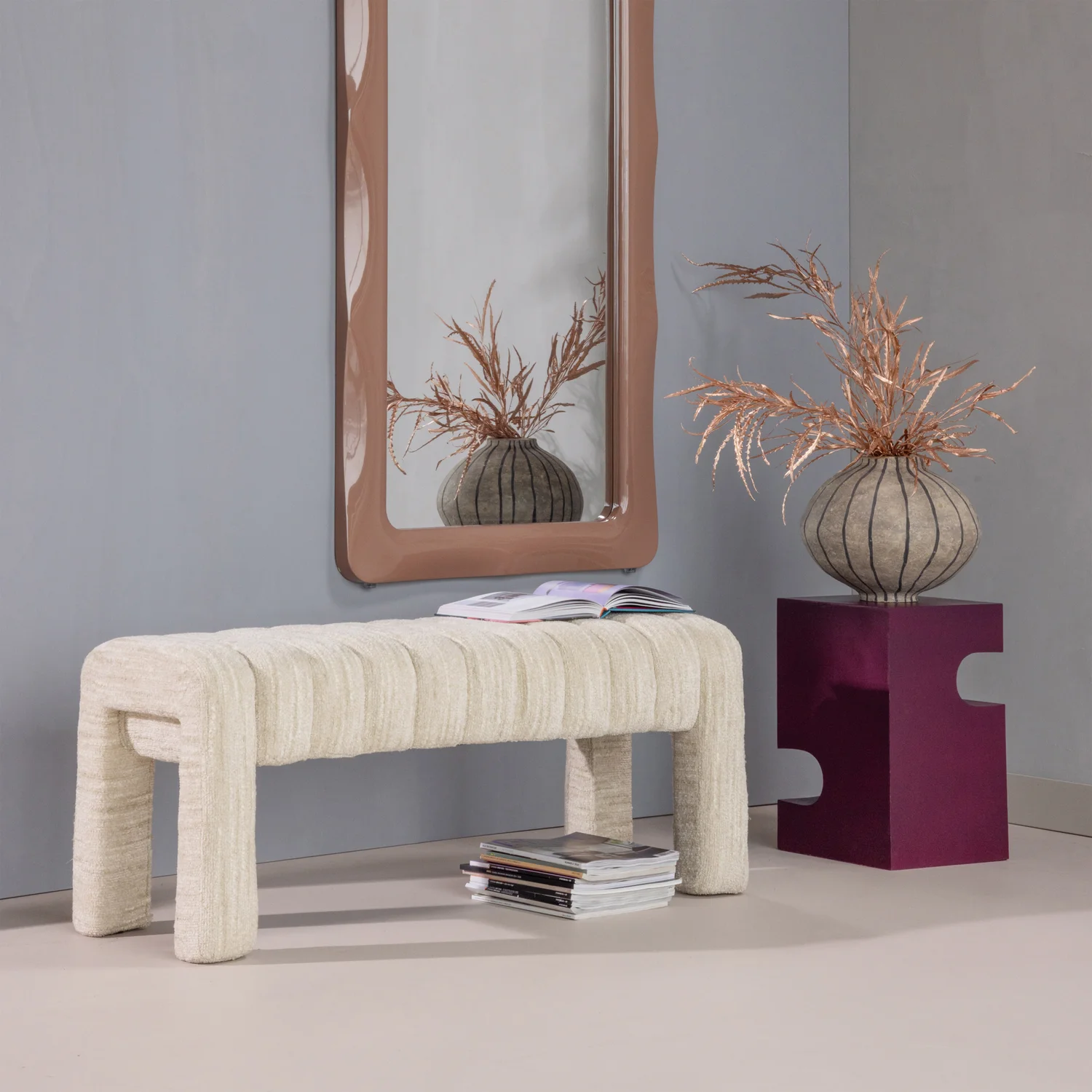 Esstischbank Polsterbank FREX 110 cm Bouclé-Stoff natur