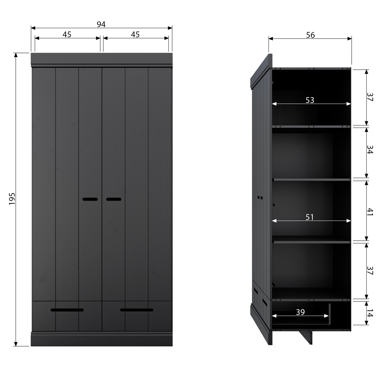 woood  Kleiderschrank Connect Kiefer schwarz Schrank