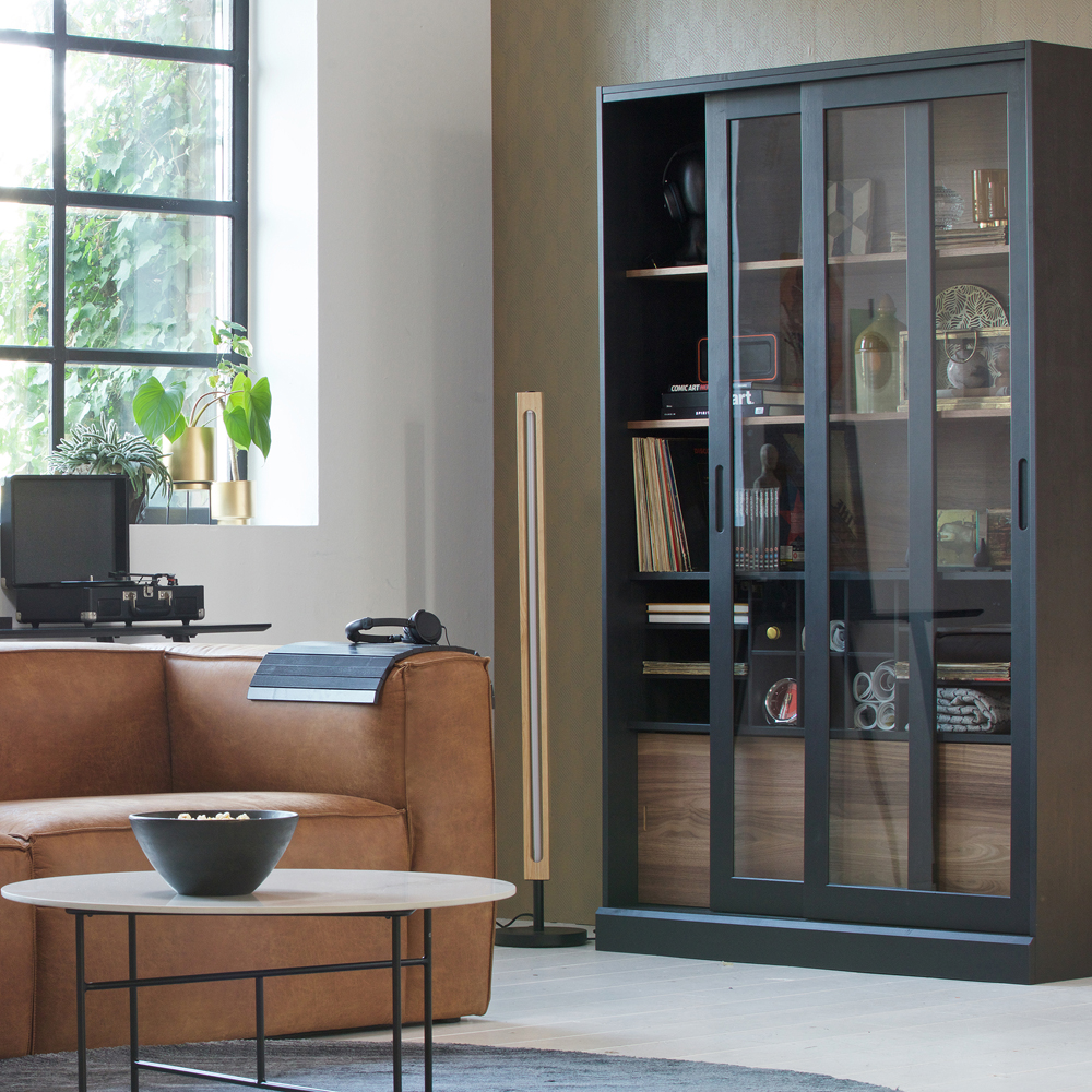 Vitrine Schrank James 200 cm hoch Schiebtüren Holz schwarz woood