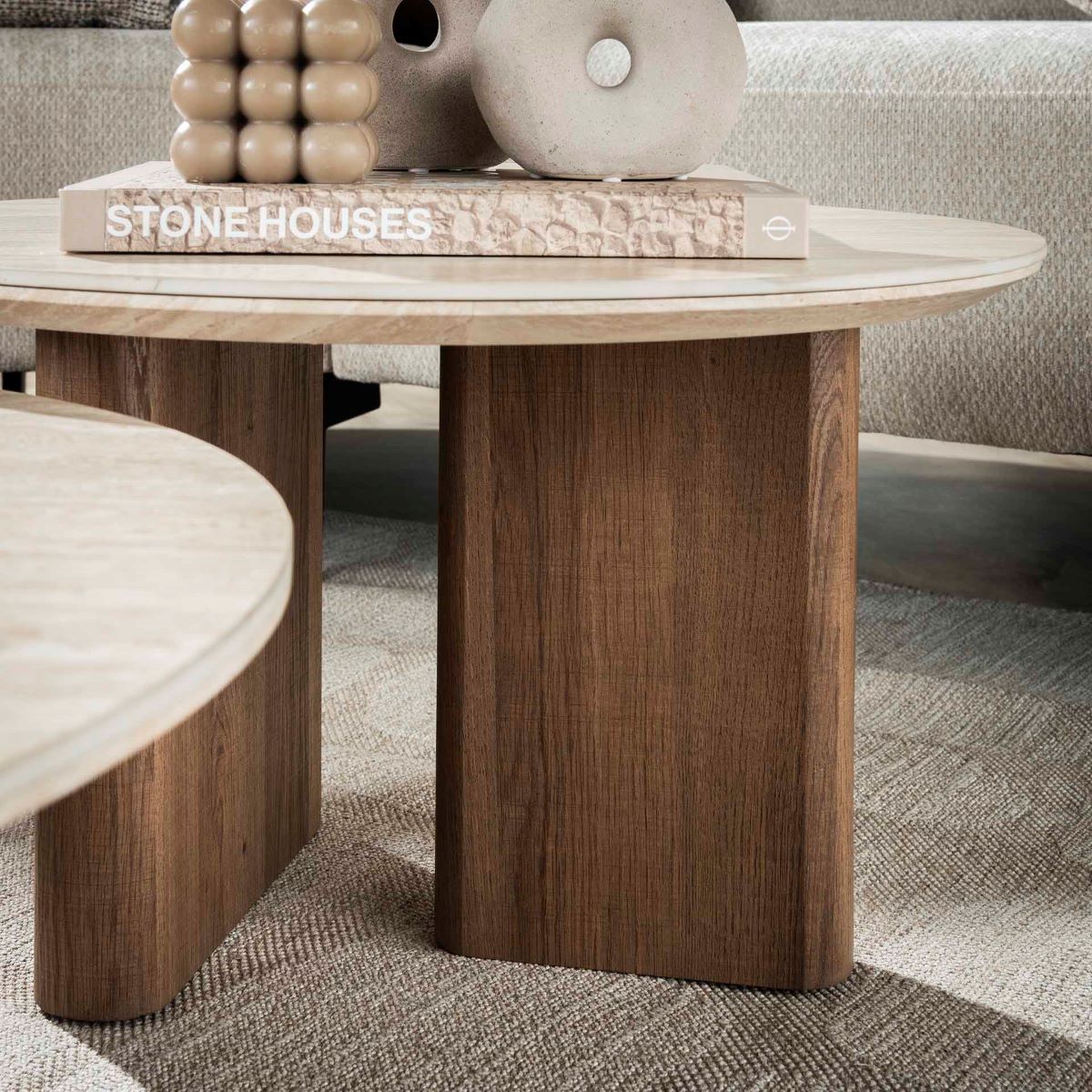 2er Set Couchtisch Venezia rund Keramik Travertinoptik Beige