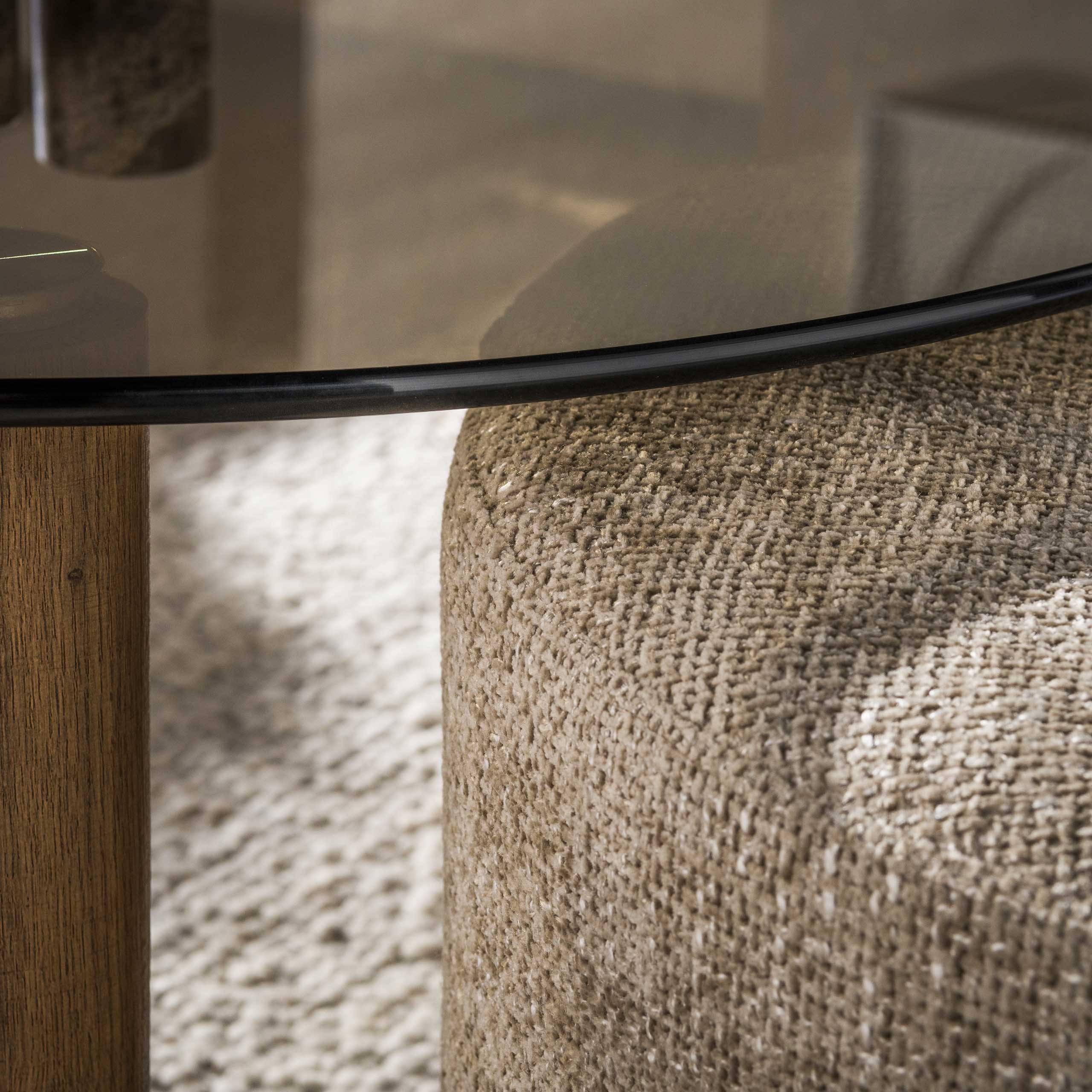 Set Couchtisch SAMOS rund Ø 80 cm Glasplatte mit Pouf sandfarben