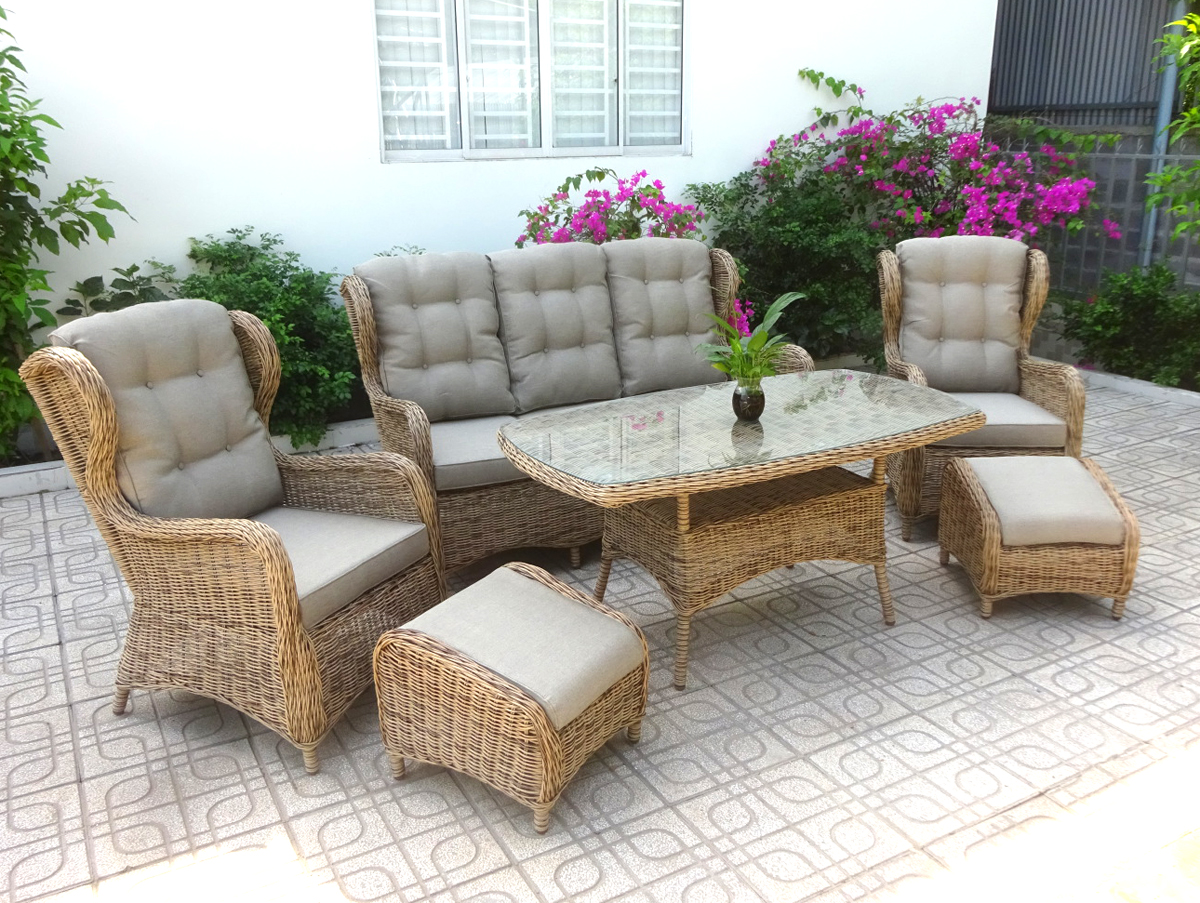 Garten Sessel Rosita Polyrattan natur mit Sitz- und Rückenkissen