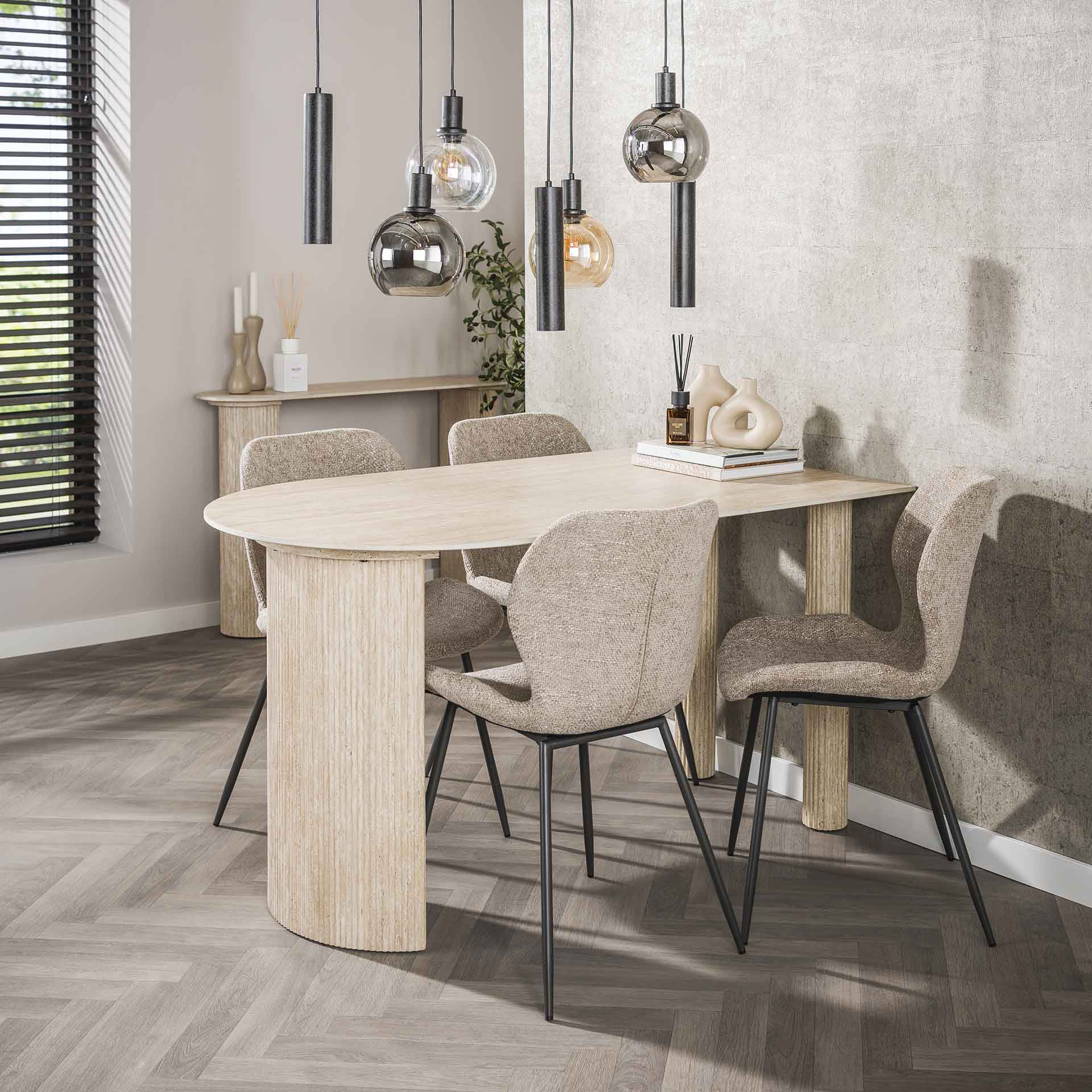 Esstisch VERONA 140 x 80 cm platzsparend Keramikplatte Travertinoptik halboval Wandtisch