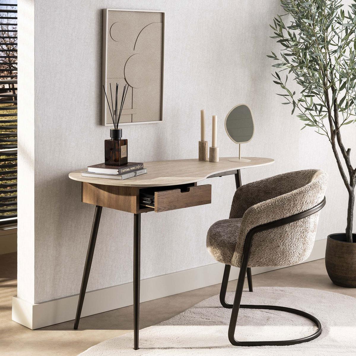 Schminktisch Konsolentisch LORENZO 127 cm Keramikplatte Travertin Metall