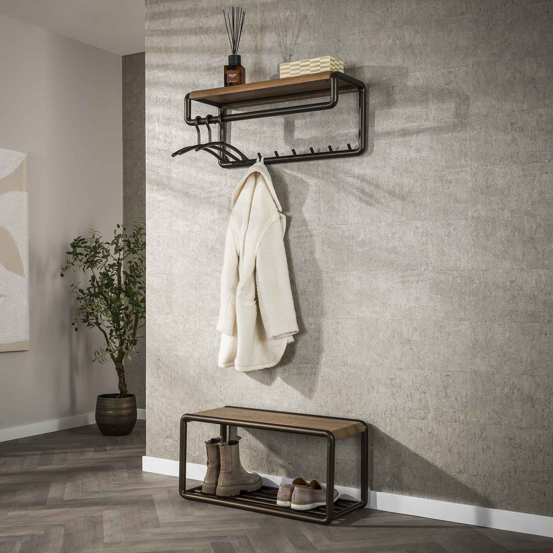 Wandgarderobe SANOS B 80 cm mit 8 Haken Hutablage Eichenoptik Metall bronze