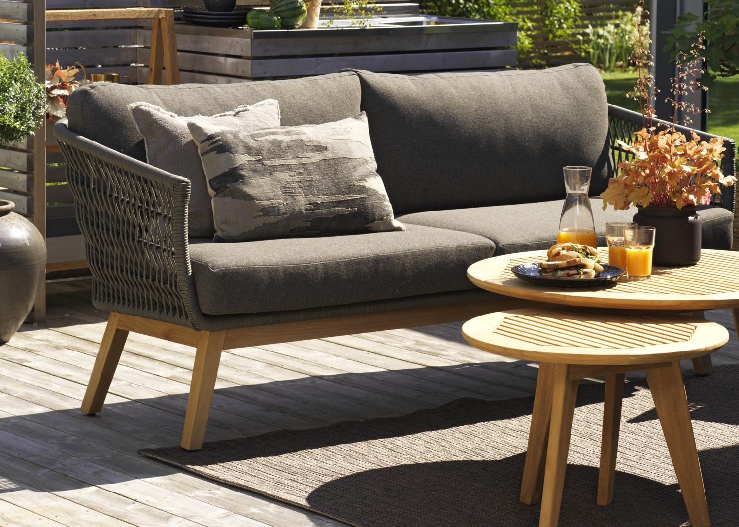 3 Sitzer Lounge Gartenbank Sofa Kenton Polyrattan Teakholz incl. Polster