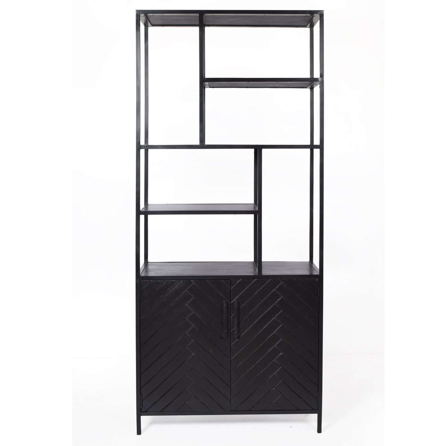 Schrank Regal York B 90 cm Wandregal Bücherregal Mangoholz Fischgräte Metall schwarz