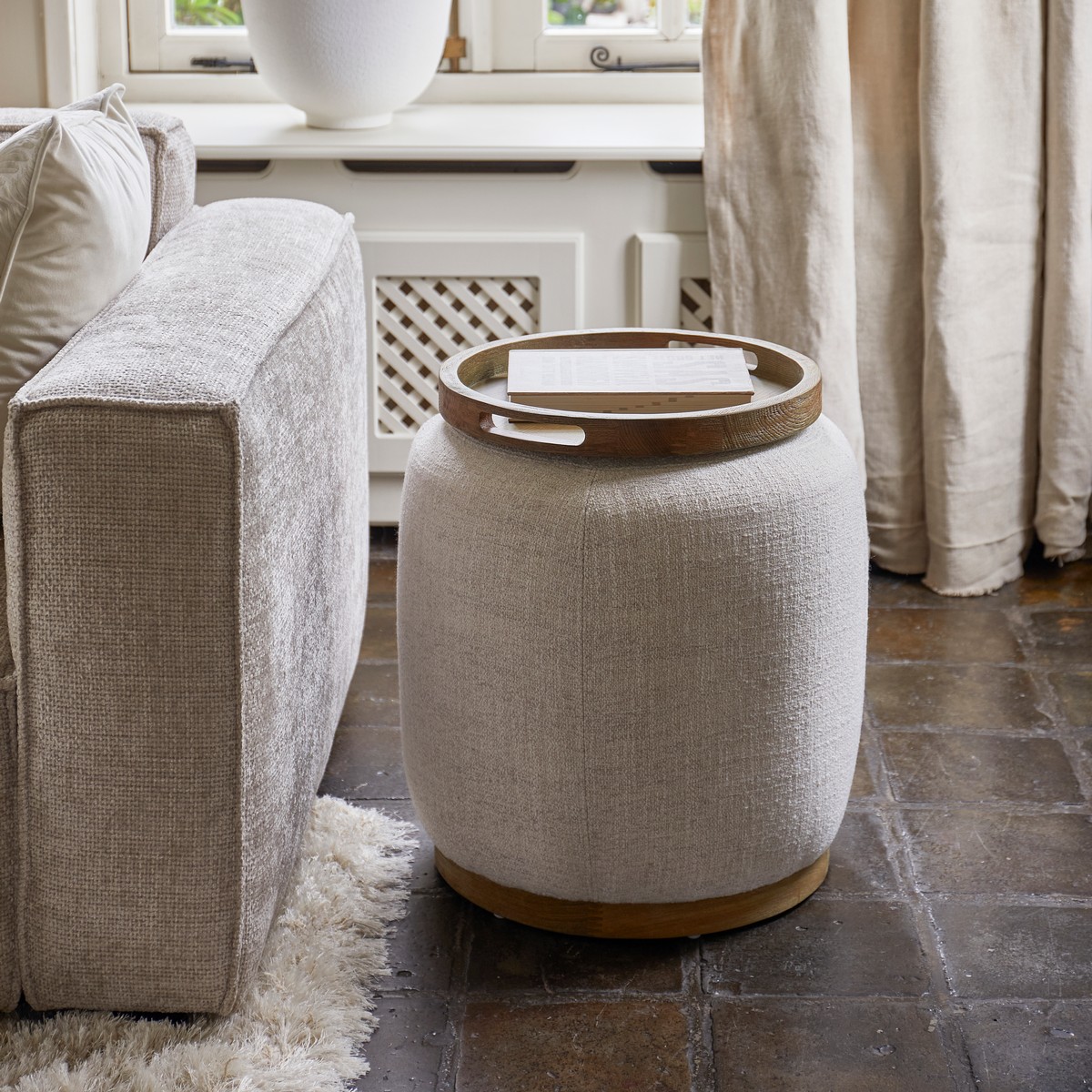 Rivièra Maison Pouf Babylon mit Tablett Small Weiß/Natur