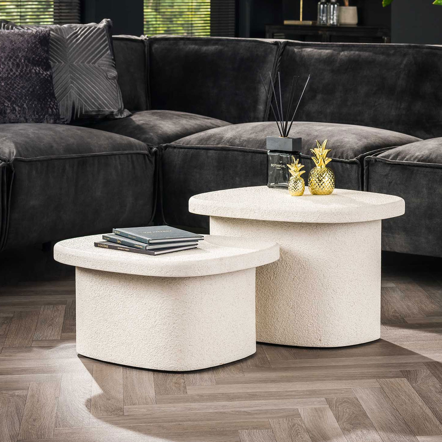 2er Set Couchtisch SOLID SURFACE organisch hellbeige
