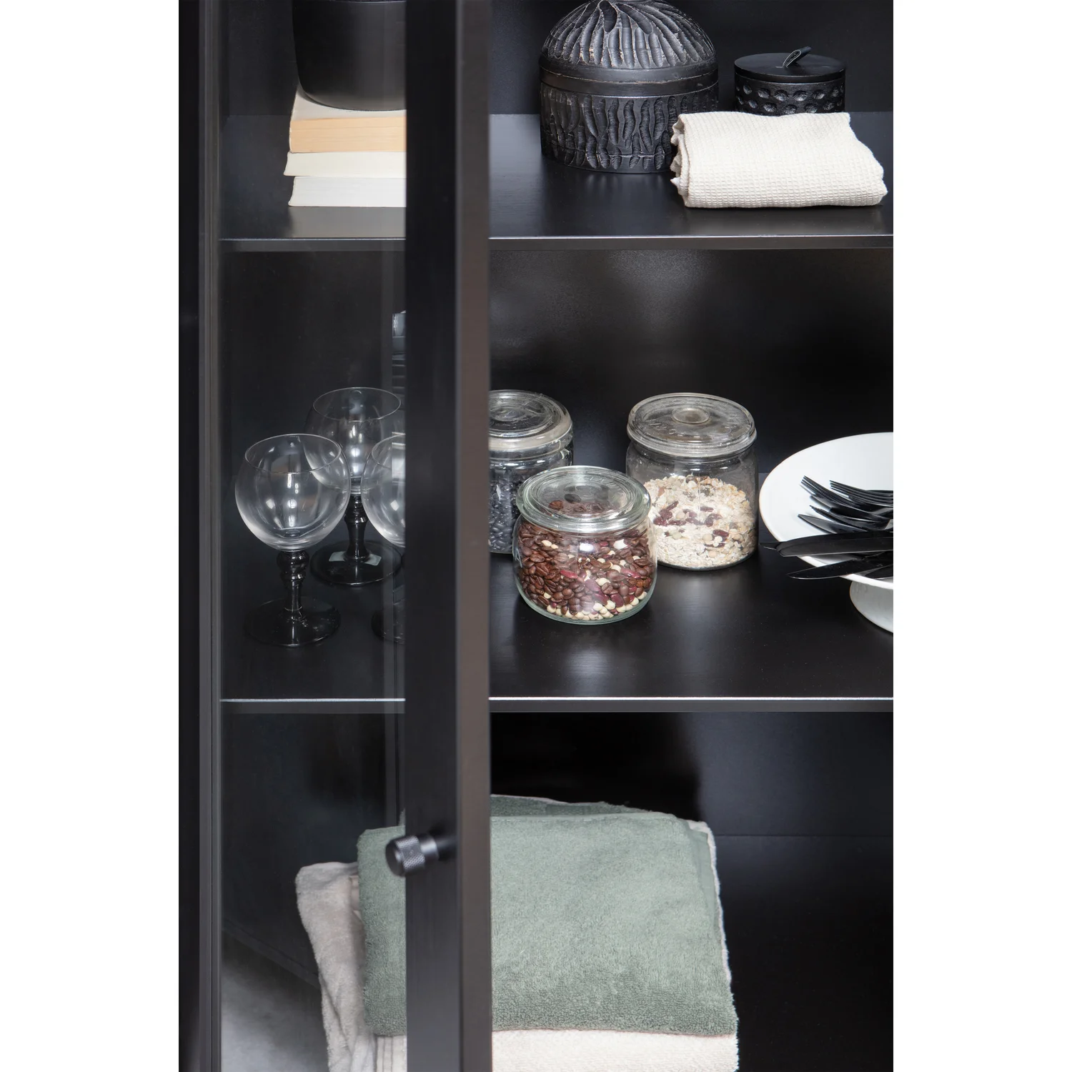 woood Vitrinenschrank XAM H 155 cm Schrank Holzschrank Kiefernholz schwarz