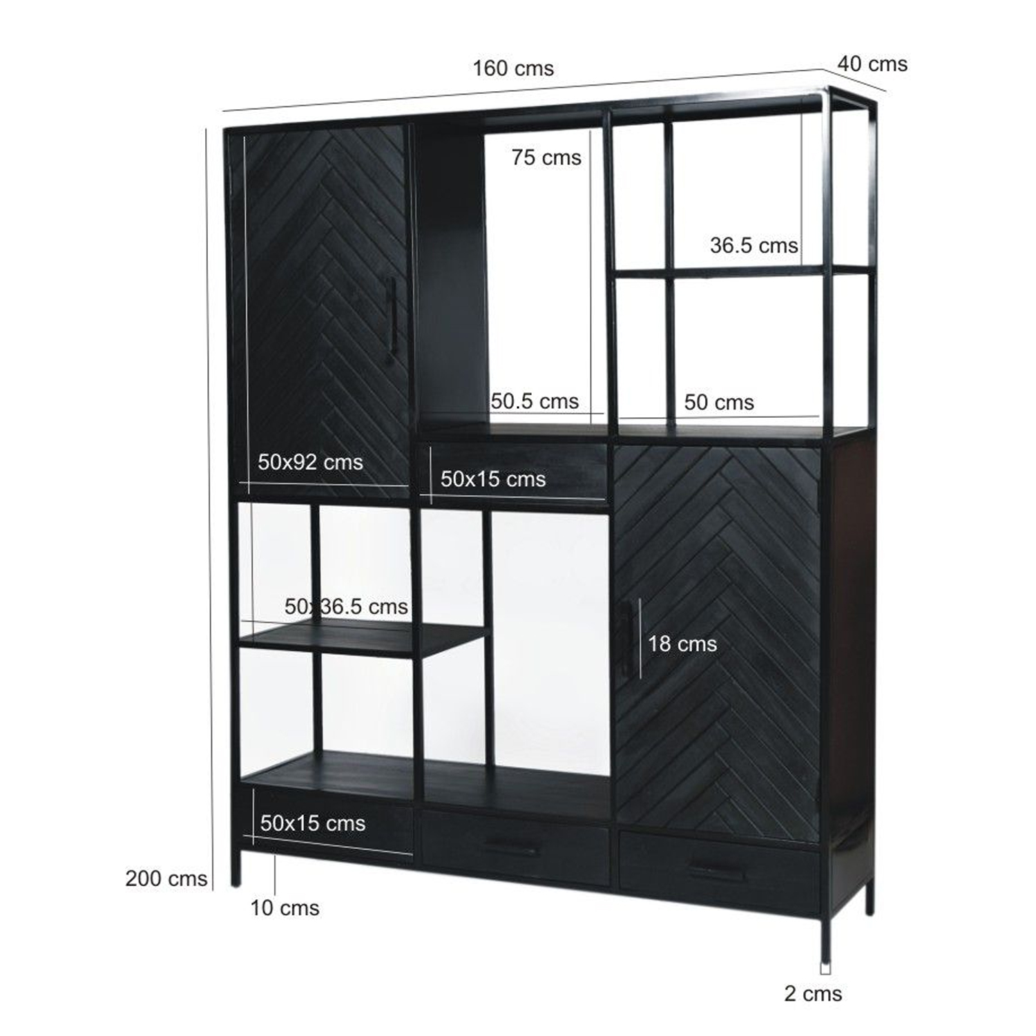 Schrank Regal Brooklyn B 160 cm Wandregal Bücherregal Mangoholz Fischgräte Metall schwarz