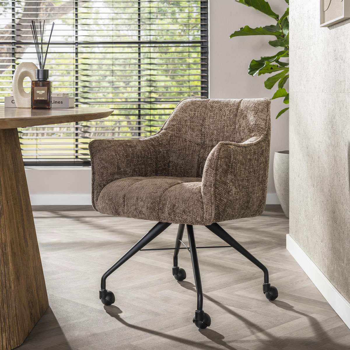 2er Set Armlehnstuhl Fino auf Rollen Chenille Stoff champagner