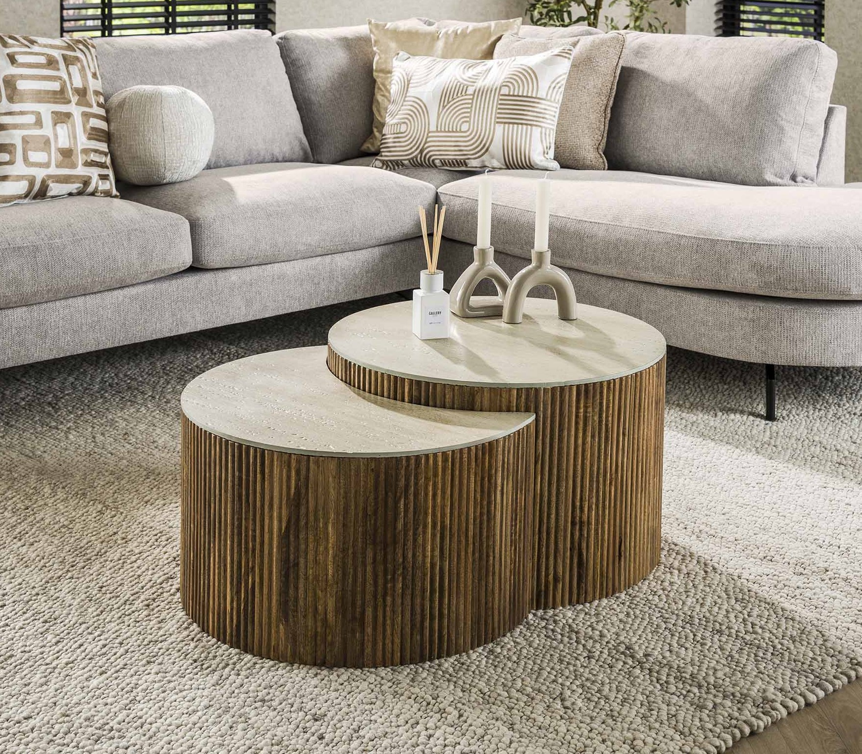 2´er Set Couchtisch rund SPHÄRE Travertin natur