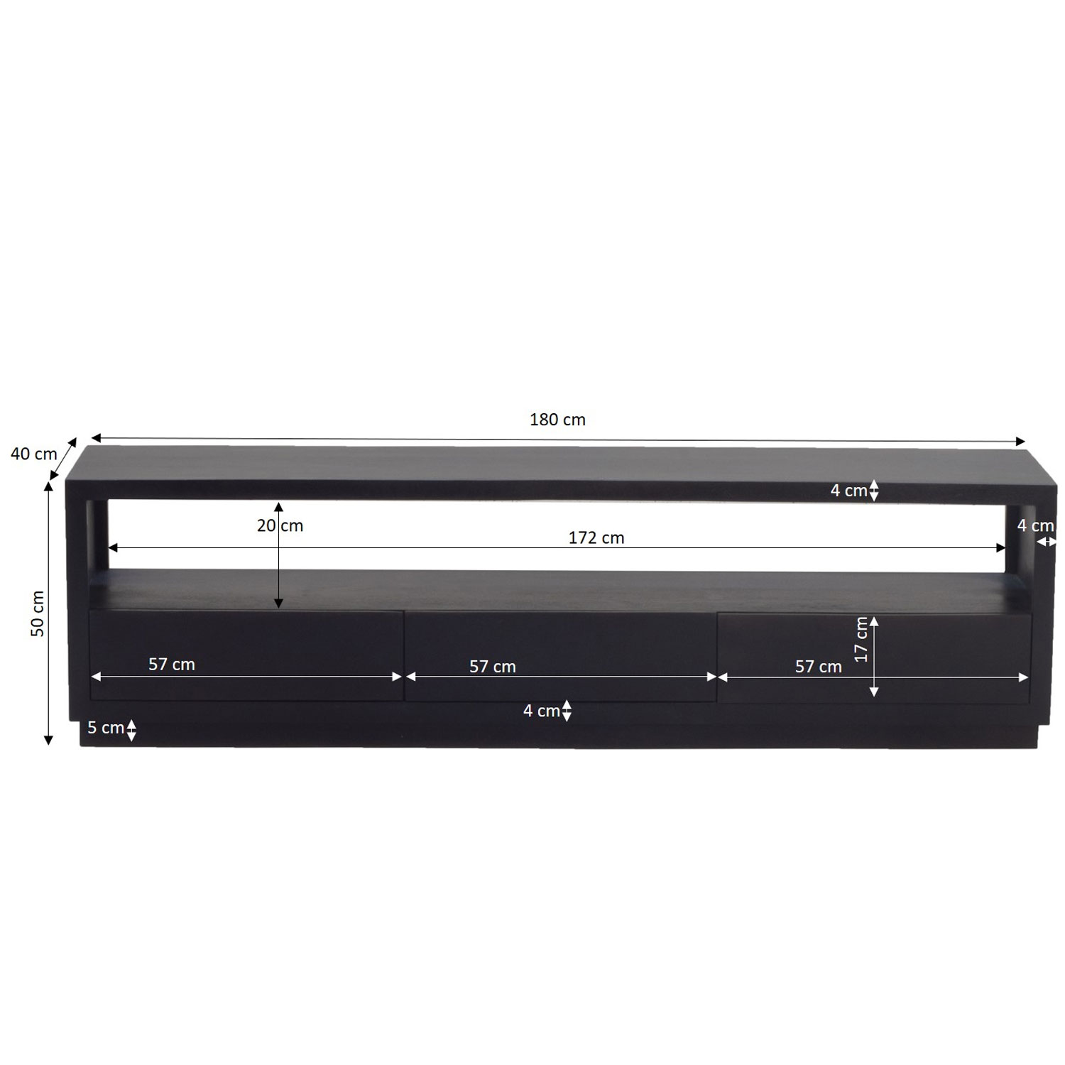 TV Lowboard Aura 150 cm 3 Schubladen Mango schwarz