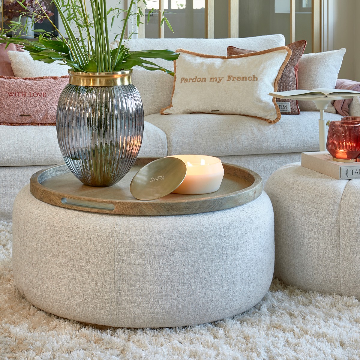 Rivièra Maison Pouf Babylon mit Tablett Large Weiß/Natur