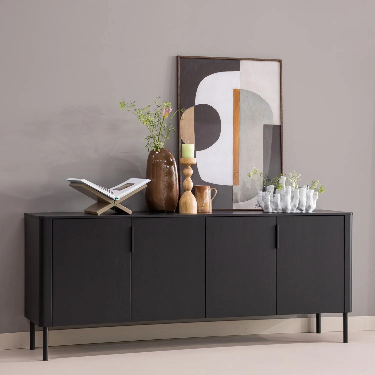 Sideboard GUNNAR 200 cm mit 4 Türen Kiefernholz matt schwarz Kommode