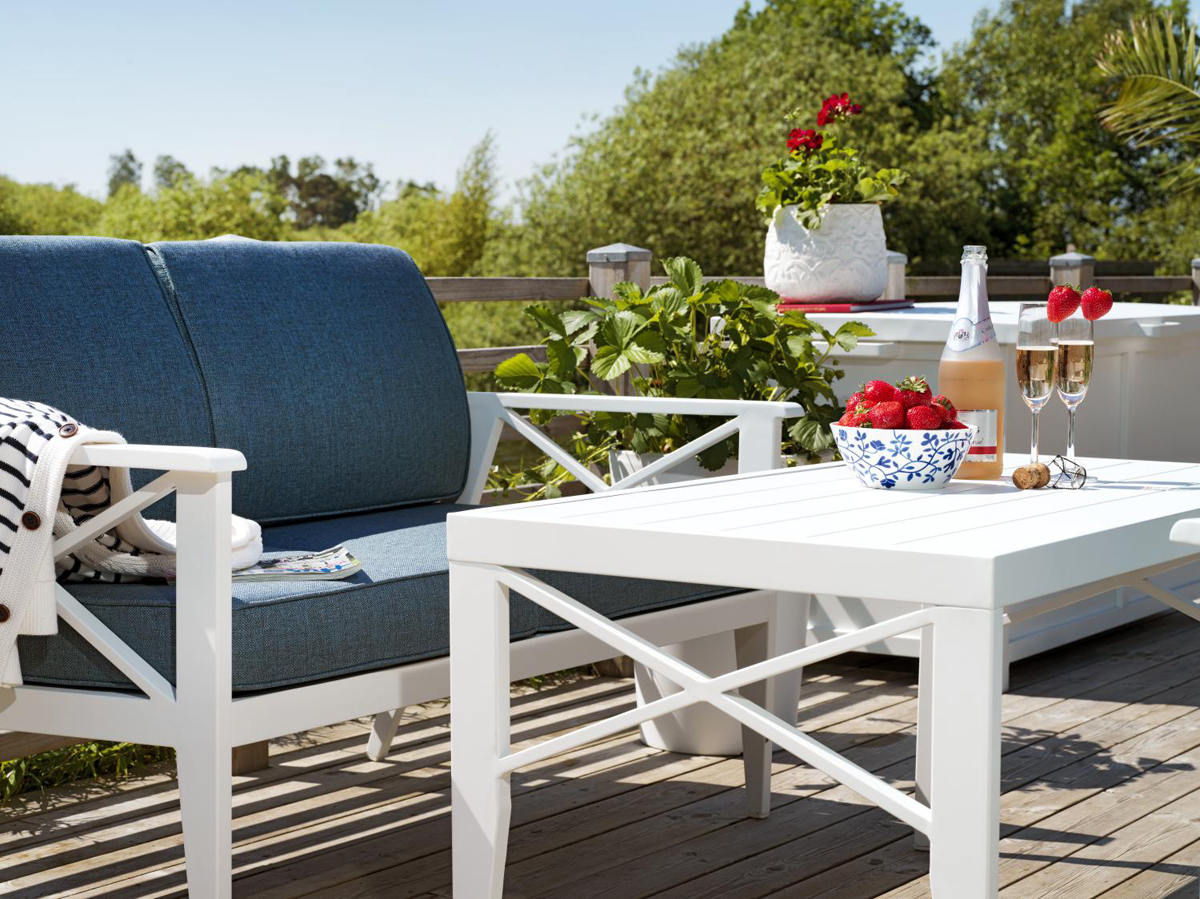 ANGEBOT! 4 tlg. Gartenmöbel Lounge Gruppe Aluminium weiss incl. blaue Kissen