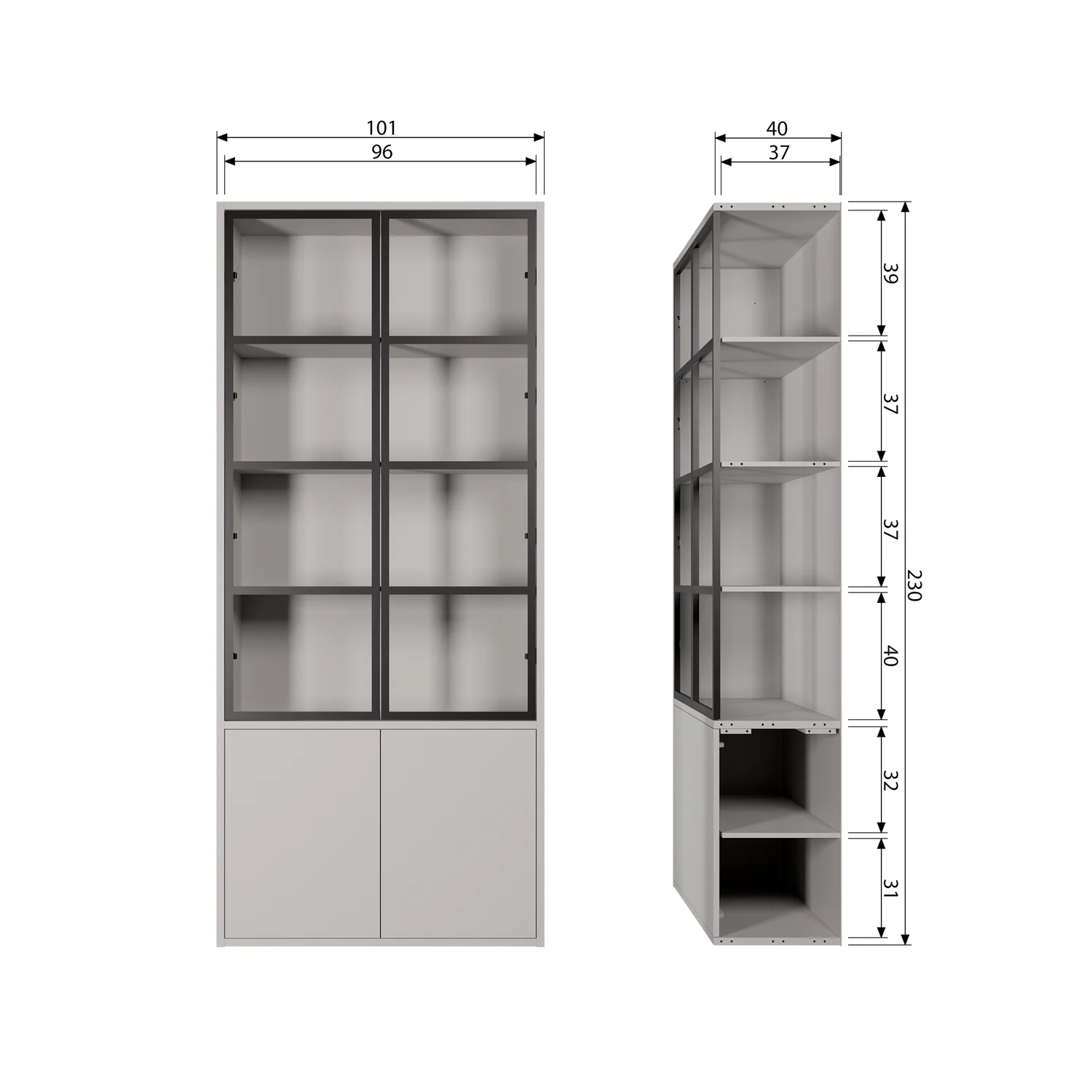 Vitrine Schrank BASIC 4-türig Kiefer Massivholz nebelgrau Aufbewahrungsschrank