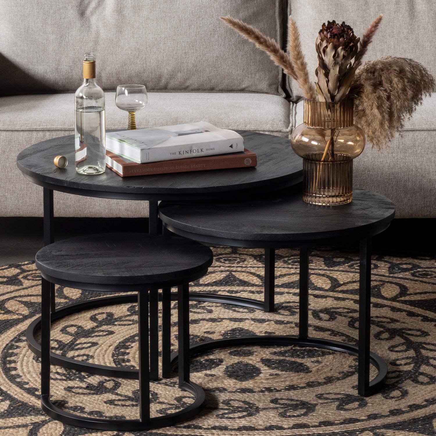 3er Set Couchtisch Mangoholz schwarz