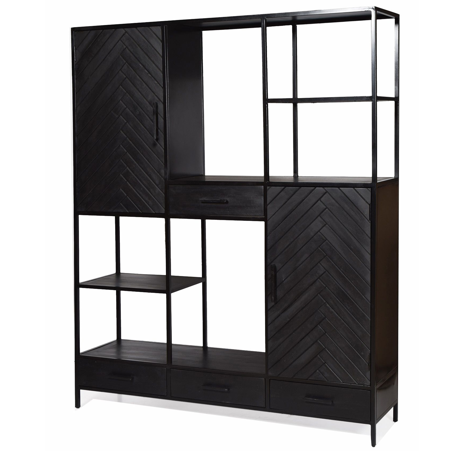 Schrank Regal Brooklyn B 160 cm Wandregal Bücherregal Mangoholz Fischgräte Metall schwarz