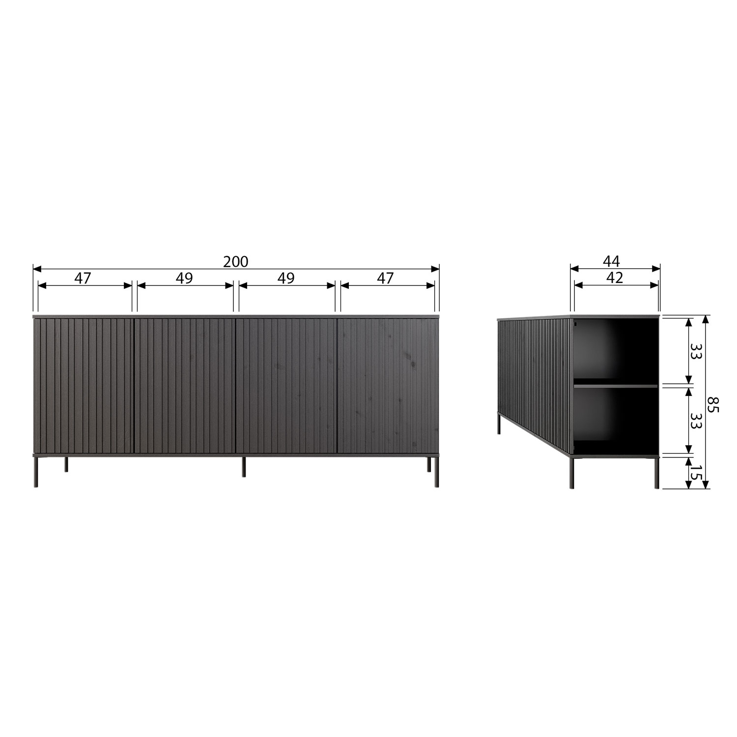Sideboard New Gravure 200 cm Esche Kiefernholz staubgrau