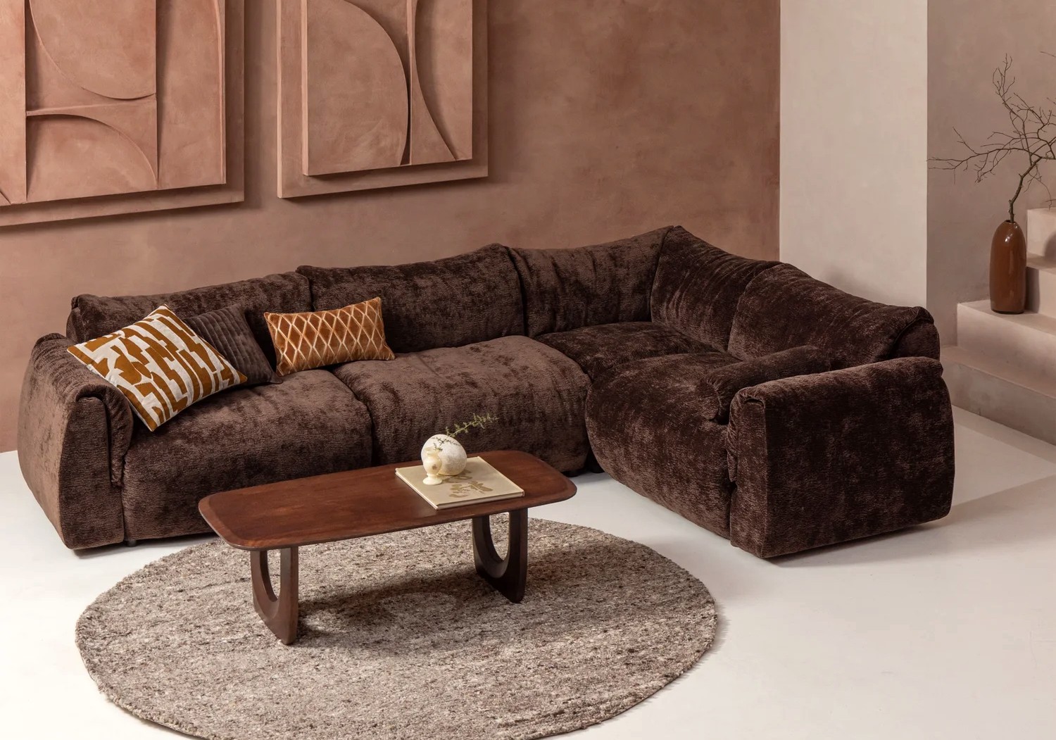woood Ecksofa BAGGY 3D Chenille dunkelbraun Chaiselongue rechts