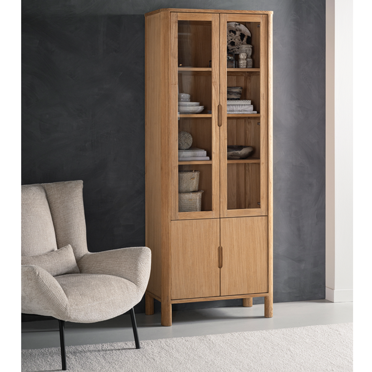 Vitrine Vitrinenschrank Forte H 210 cm Teakholz natur