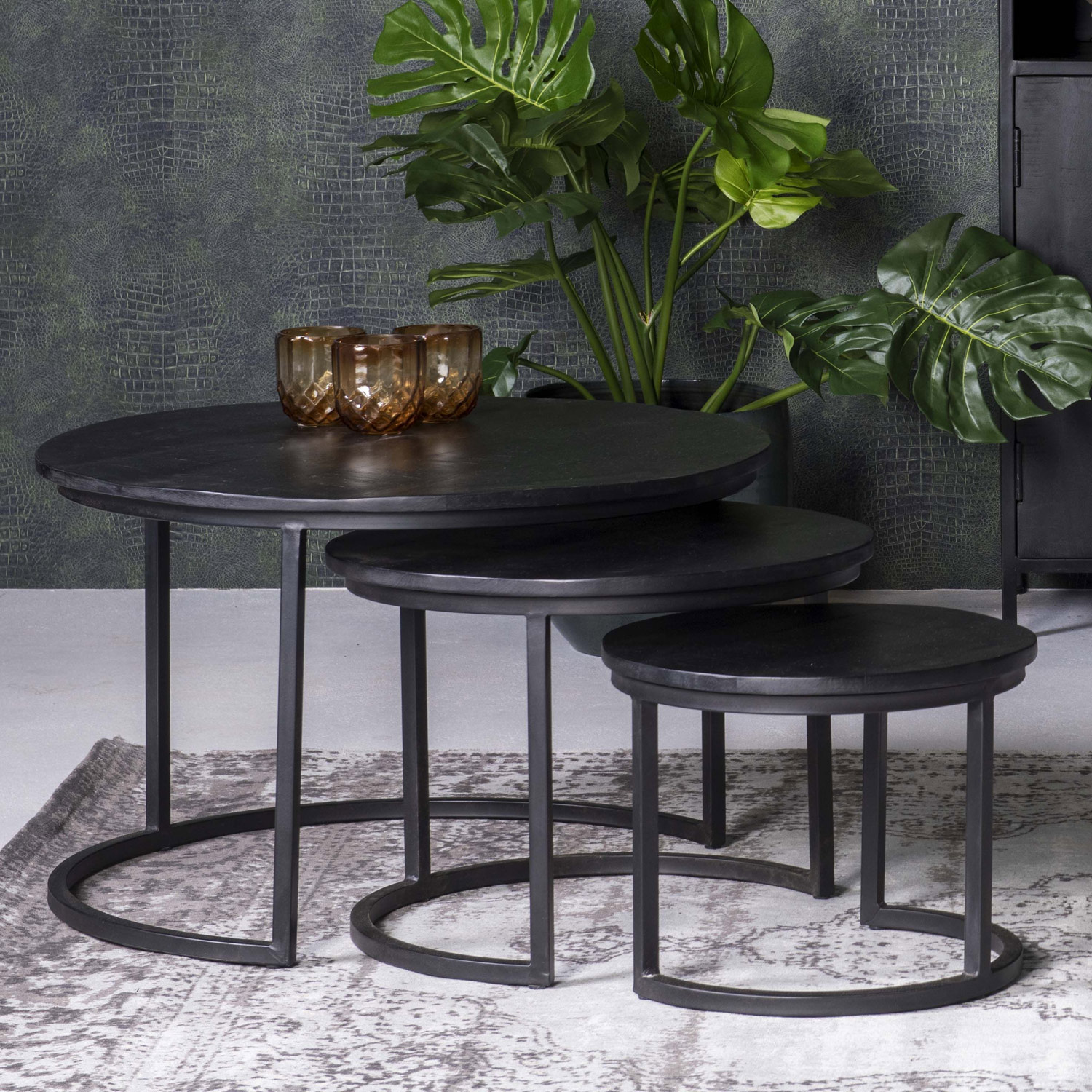 3er Set Couchtisch rund Jerrel Kala Mangoholz schwarz