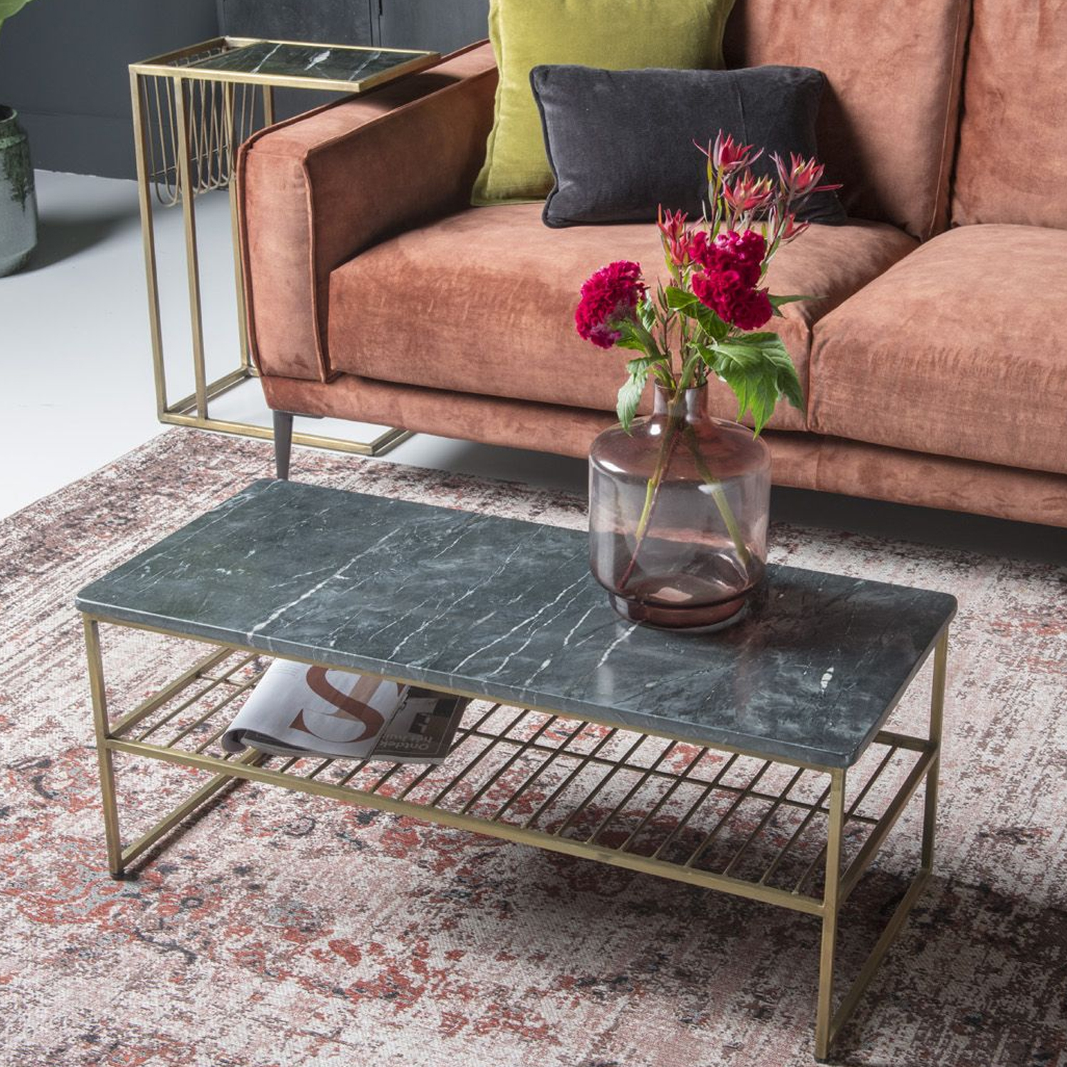 Couchtisch Dian Marble 90 x 40 cm Metall Gold Marmor schwarz